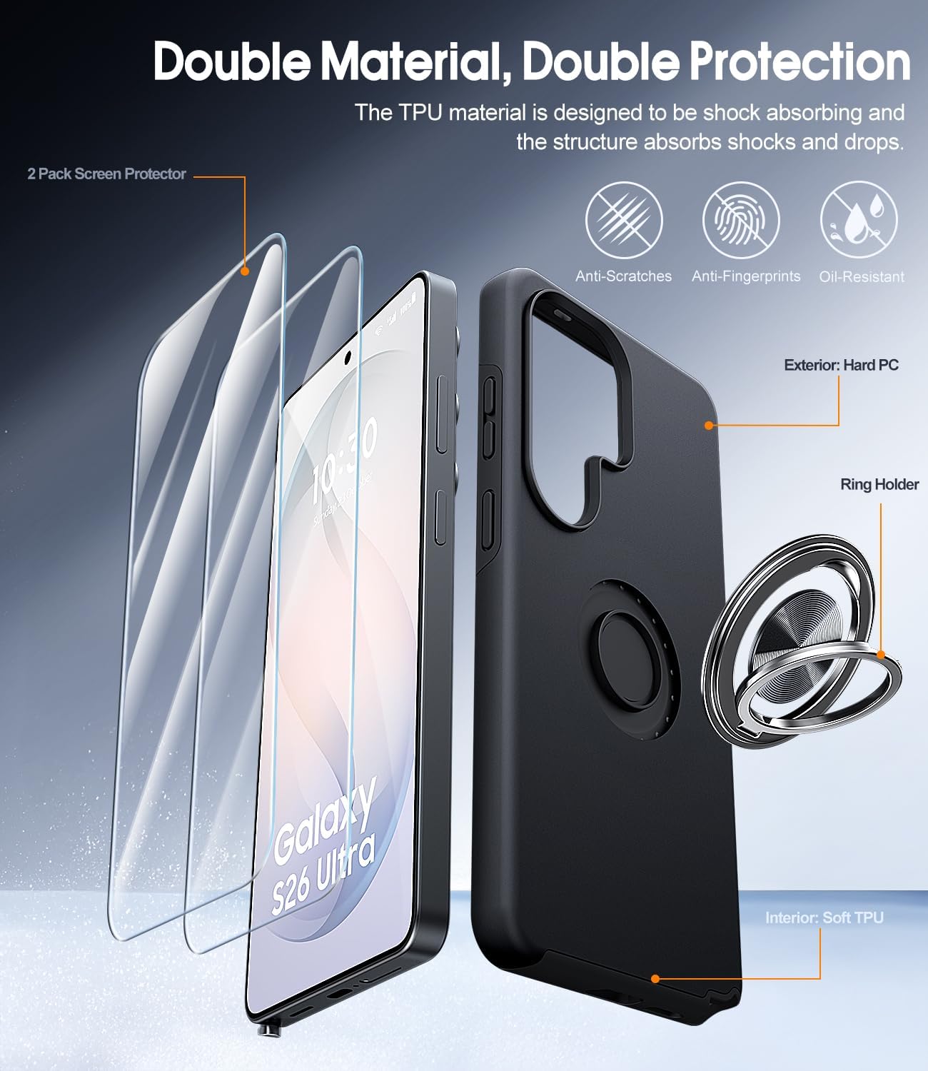Thumbnail 6 de AOUIA S26 Ultra Case with 2-Pack Screen Protectors and Rotating Ring Stand for Samsung Galaxy S26 Ultra