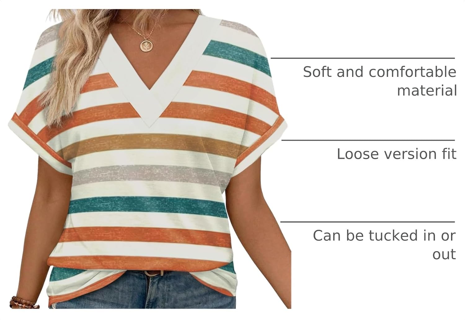 Detalle de WIHOLL Women's Summer Tops Short Dolman Sleeve, V-Neck Loose Fit Tee