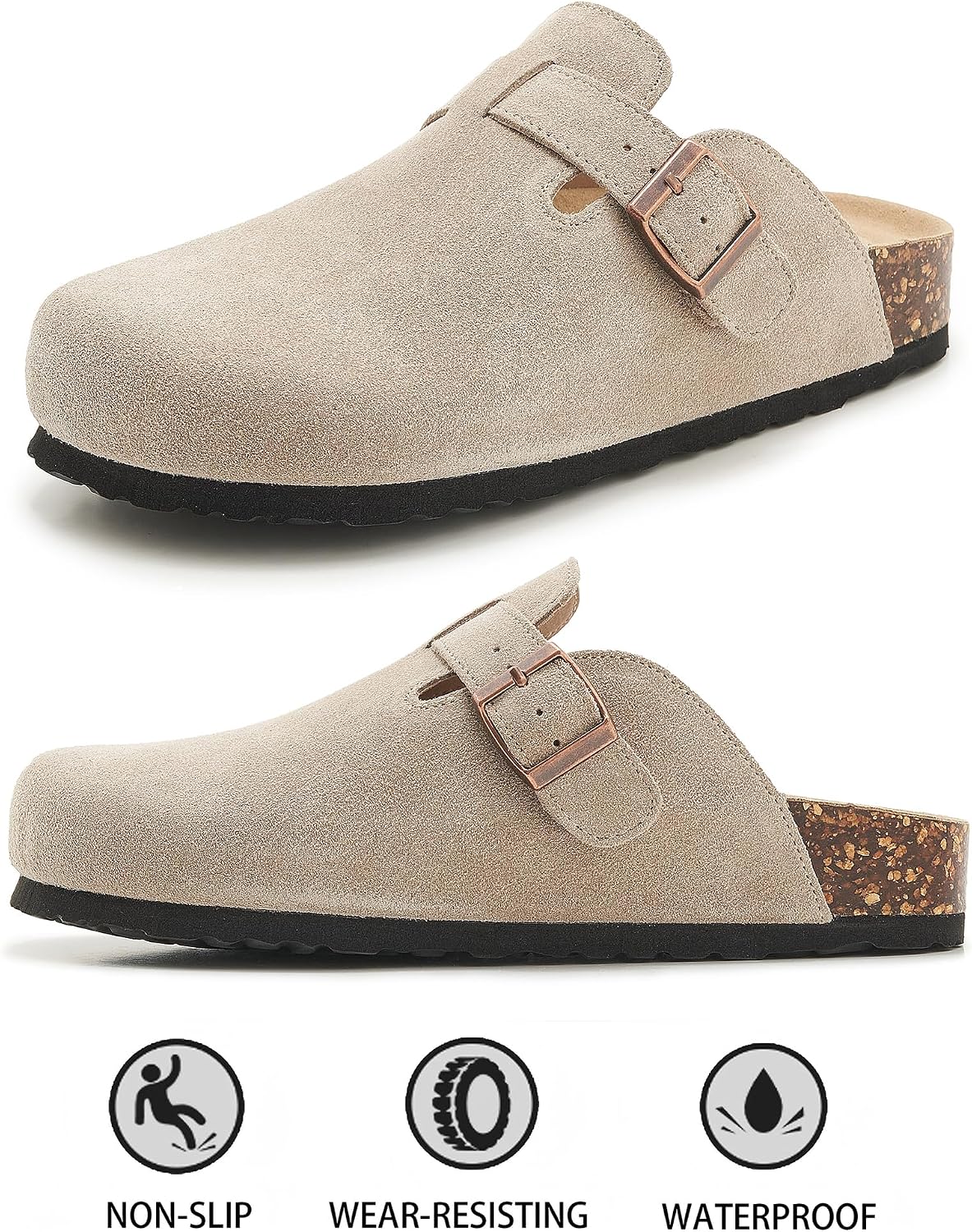 Detalle de Meik Mangni Mules et Sabots en daim avec semelle en liège, gris clair – confort et style polyvalent (38 EU)