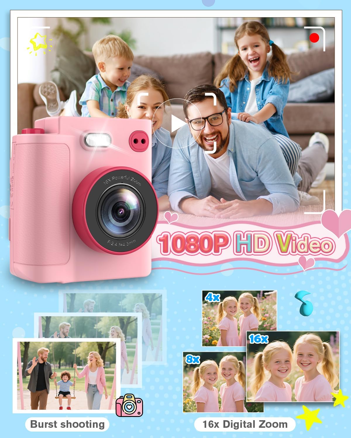 Thumbnail 4 de MYSTILUCK Appareil photo instantané pour enfants 1080P avec carte 32 Go et papier d’impression