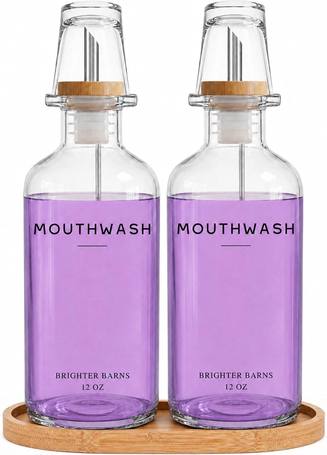 Detalle de Brighter Barns RCD Glass Mouthwash Dispenser Set, Clear 2-Pack with Bamboo Tray