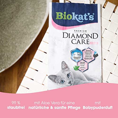 Detalle de Biokat's Diamond Care Fresh Katzenstreu mit Babypuder-Duft – Feine Klumpstreu aus Bentonit mit Aktivkohle und Aloe Vera (10 L)