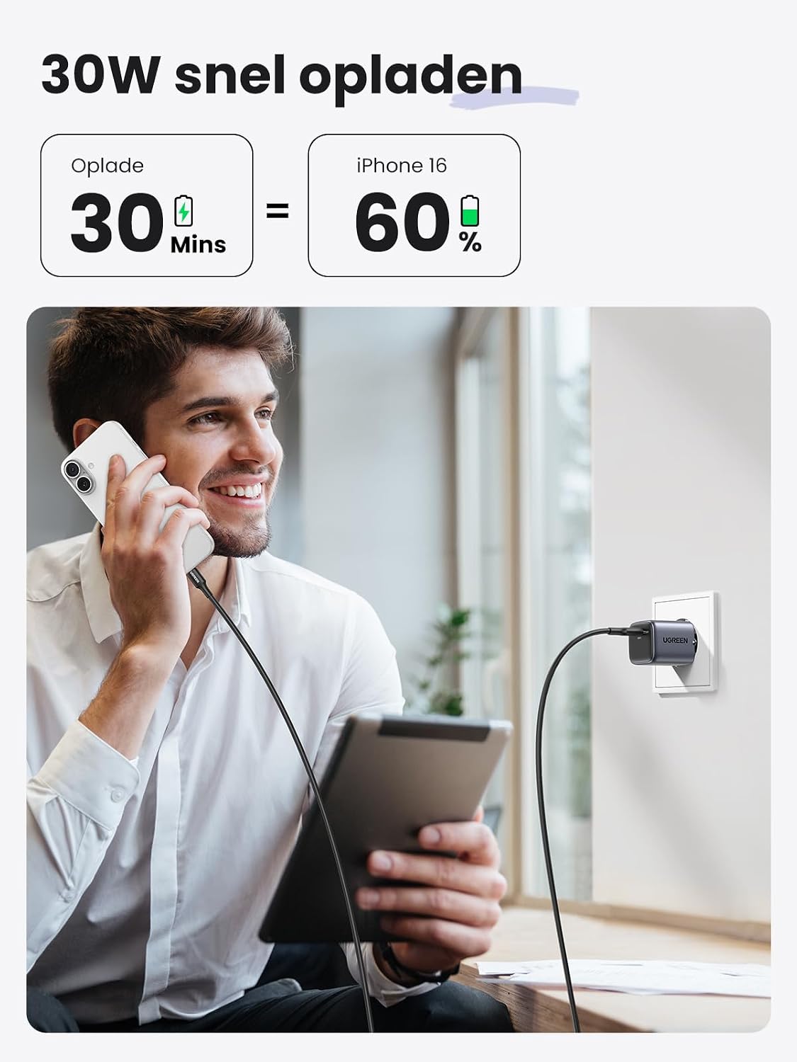 Detalle de UGREEN Nexode 30W GaN II USB-C-lader, zwart met één poort