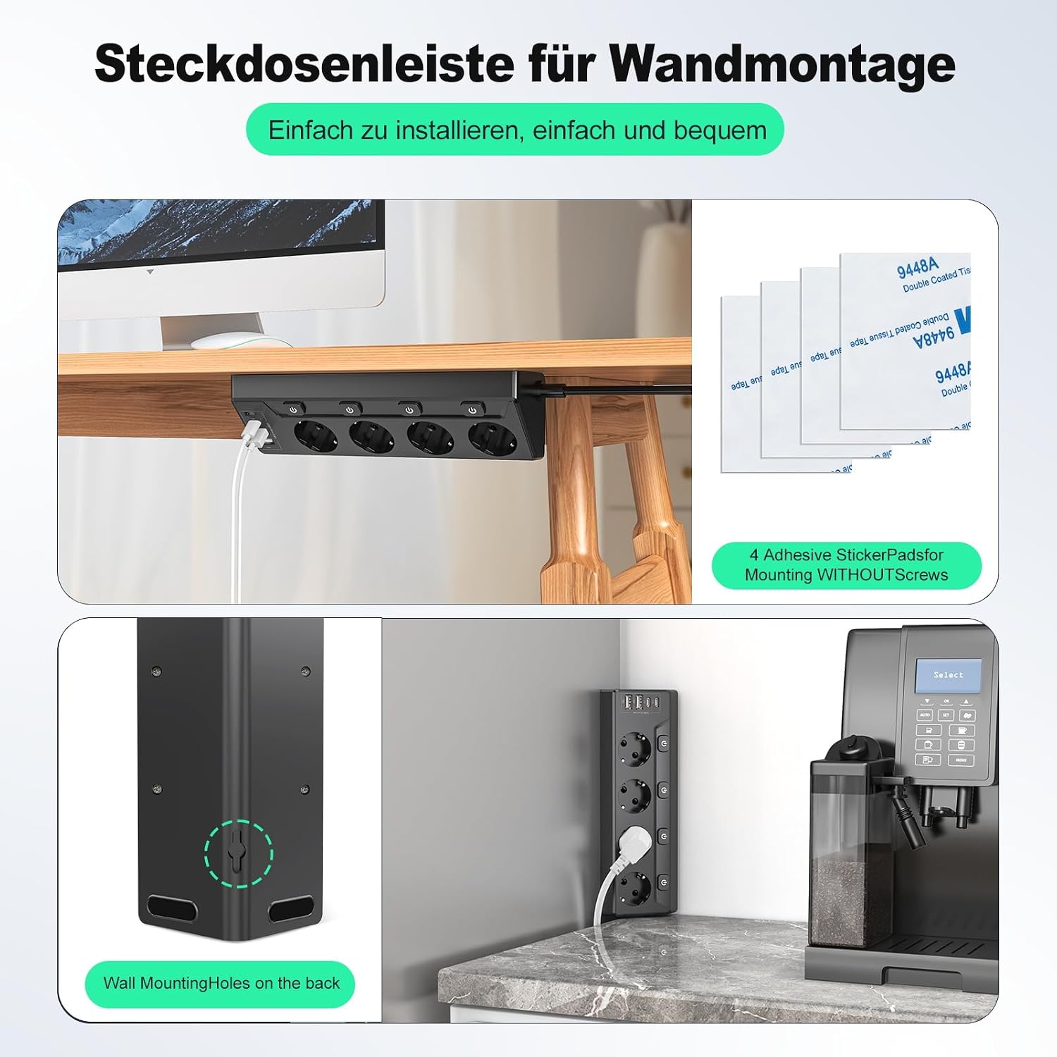 Thumbnail 5 de HITRENDS Hoekstopcontact-Zwart: stekkerdoos met 4 stopcontacten en 4 USB-poorten