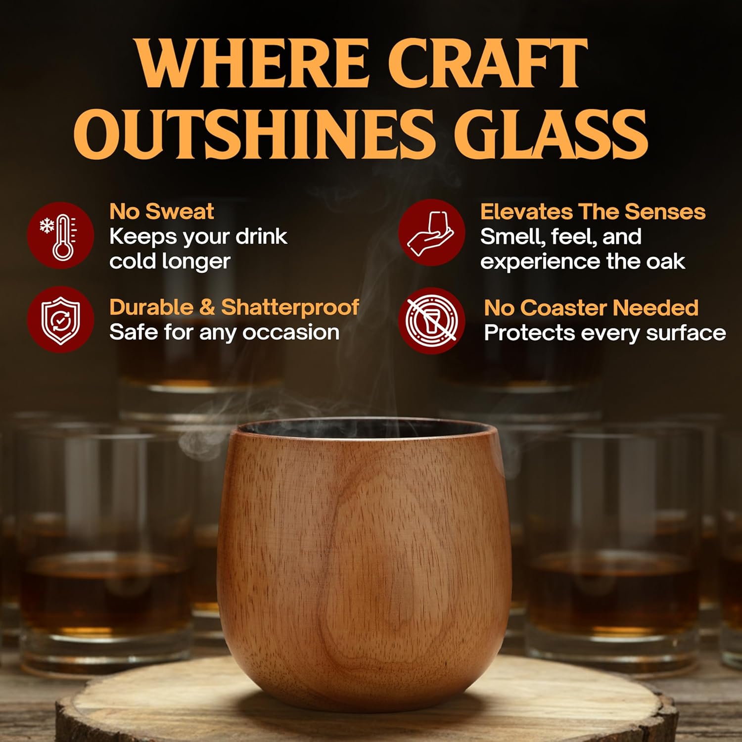 Detalle de Oaksip The Original Charred Wooden Bourbon Drinking Glass (2-Pack) — Flavor-Preserving Whiskey Gifts