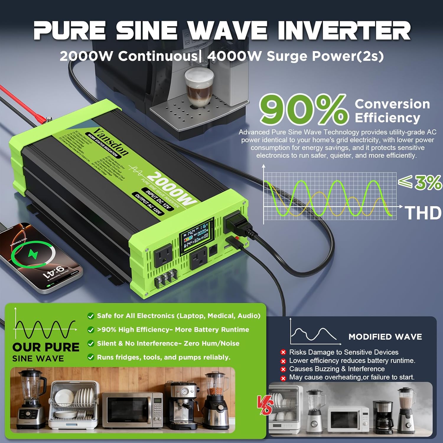Detalle de Vansdon 2000W Pure Sine Wave Inverter (12V DC to 120V AC) for RV, Truck, Solar, Home Off-Grid Use