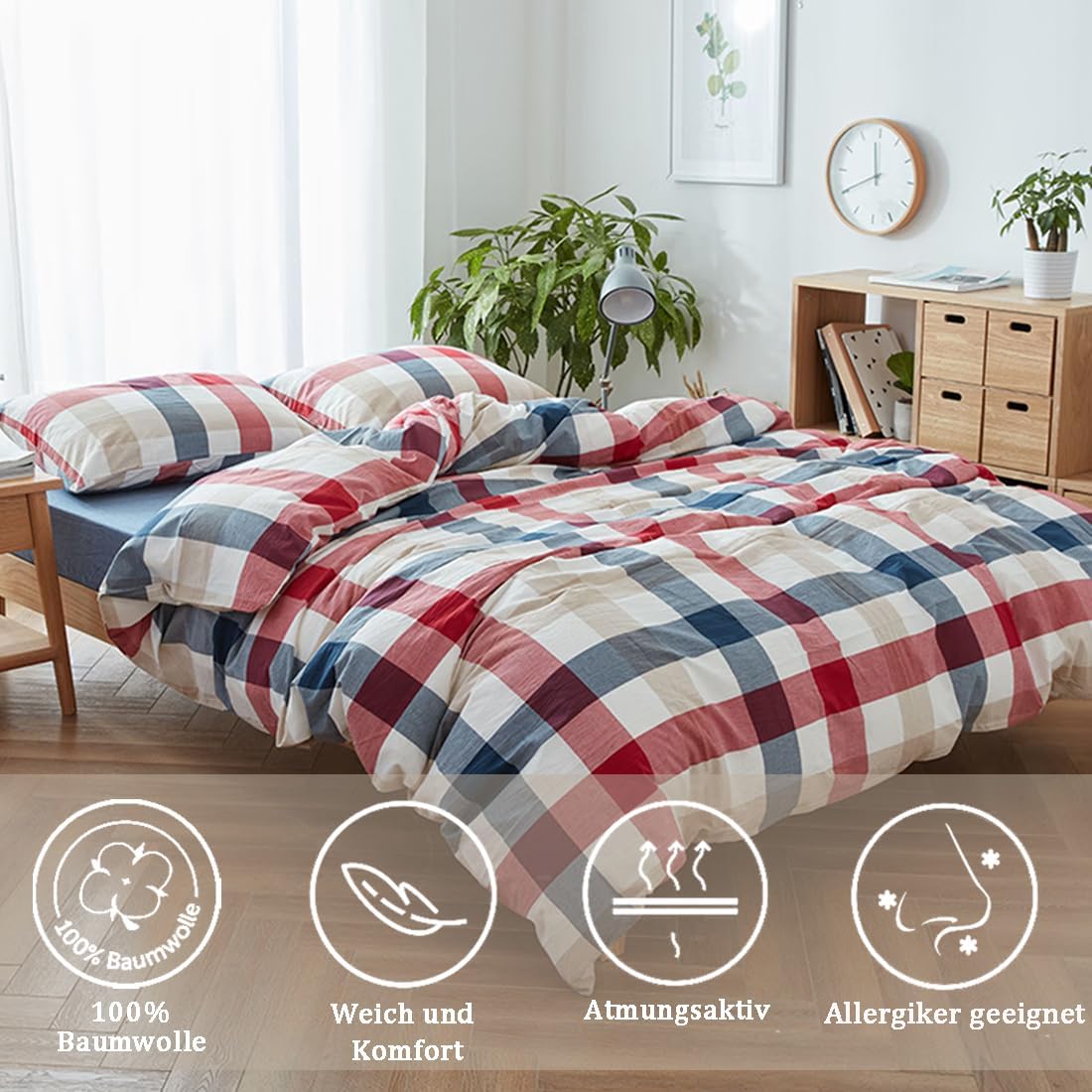 Detalle 2 de Nesture Bettwäsche 135x200 Baumwolle 4-teilig kariert bunt – 100% gewaschene Baumwolle, bügelfrei