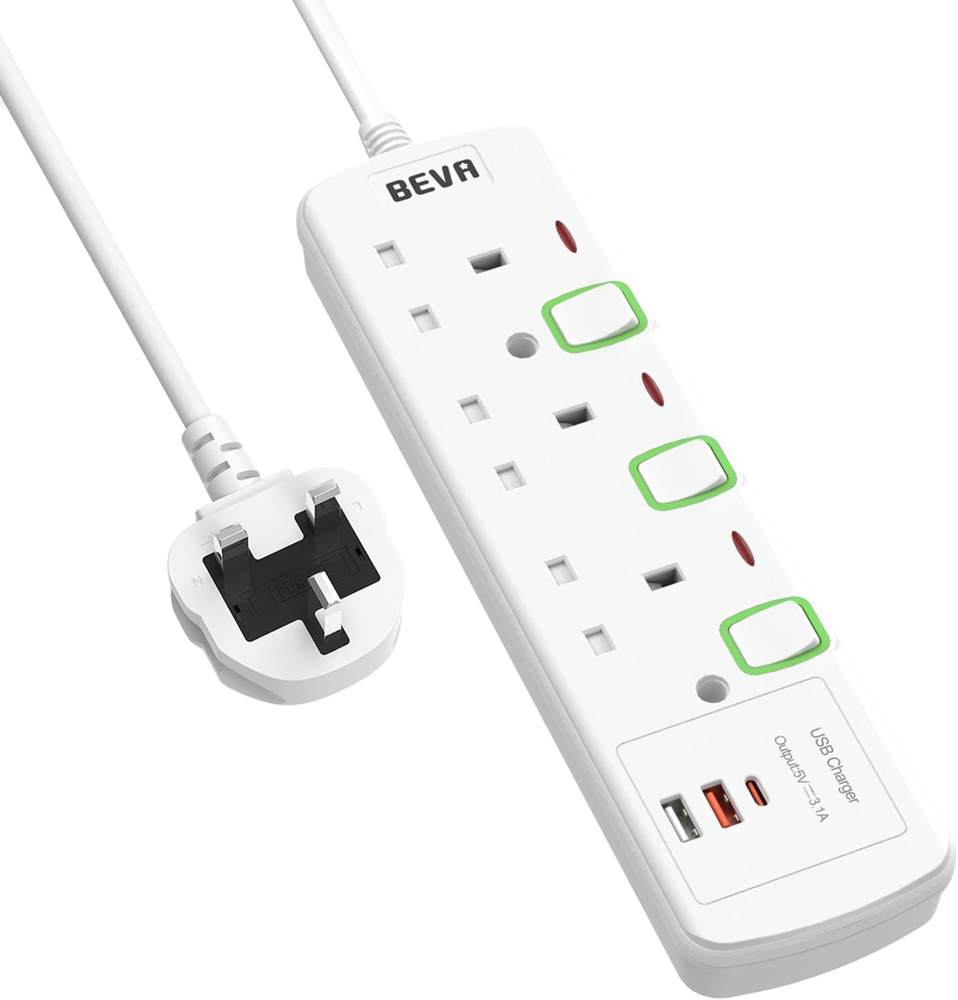 Detalle de BEVA 3-way extension lead with 2 USB-A and 1 USB-C (1.5m cable) with individual switched sockets
