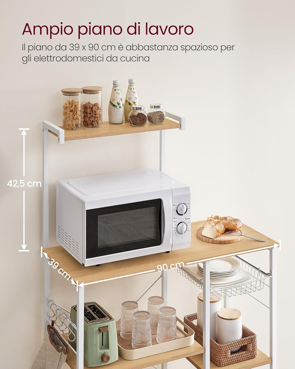 Detalle de VASAGLE Scaffale da Cucina KKS035W09 in Rovere Dorato e Bianco: versatile e stabile per microonde e cucina
