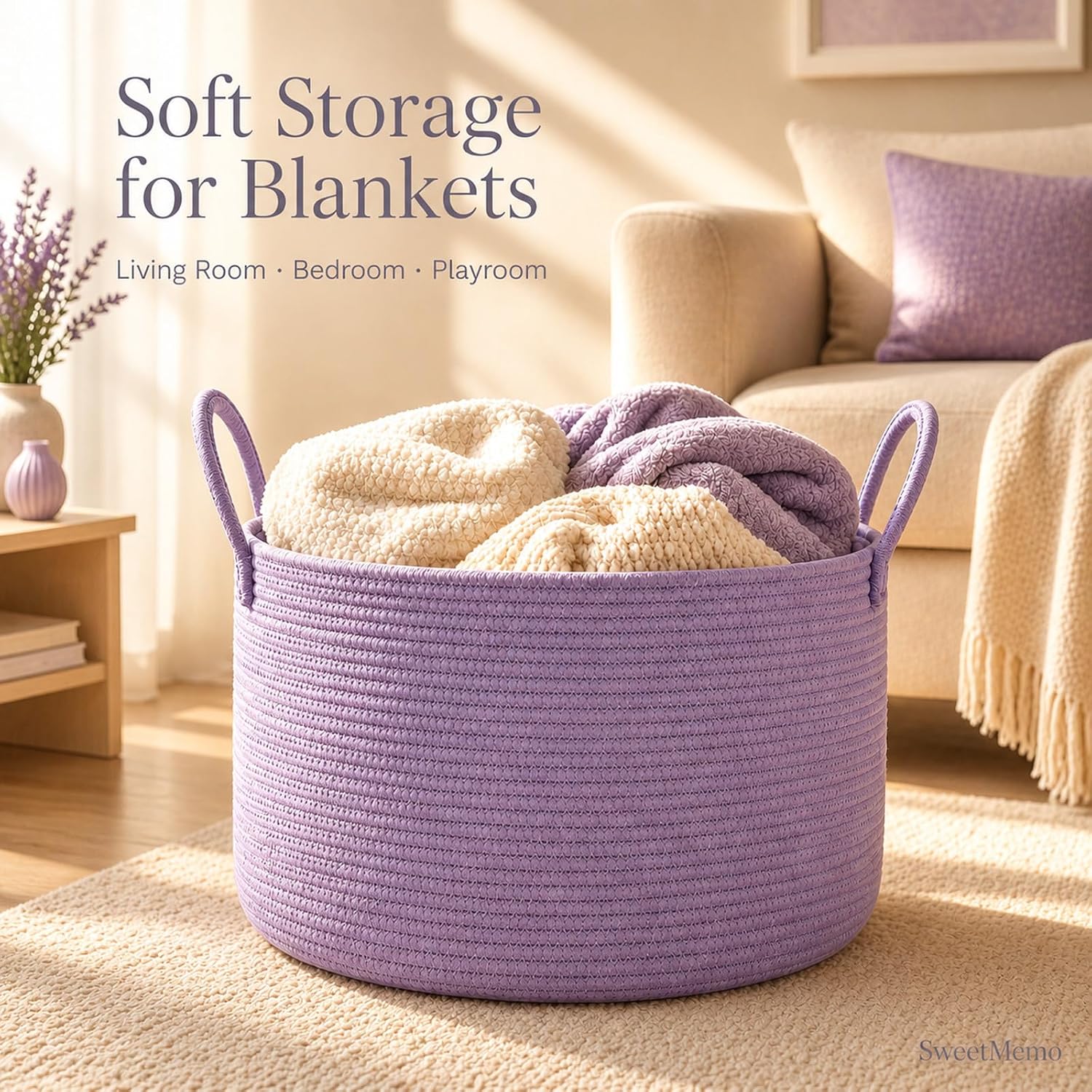 Thumbnail 6 de SweetMemo 32L Woven Rope Gift Basket, Lavender Purple with Bag and Ribbon