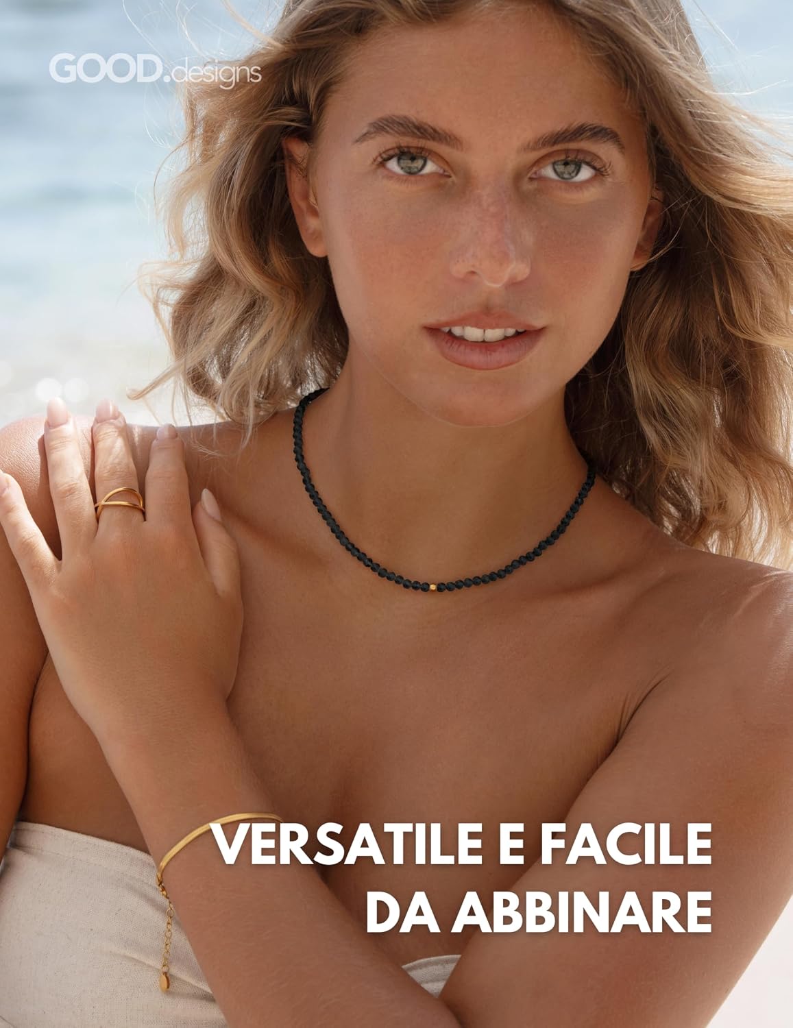 Detalle de Collana di perle naturali GD GOOD.designs: perle autentiche 4 mm, regolabile 40–45 cm, chiusura in acciaio placcato oro 18k