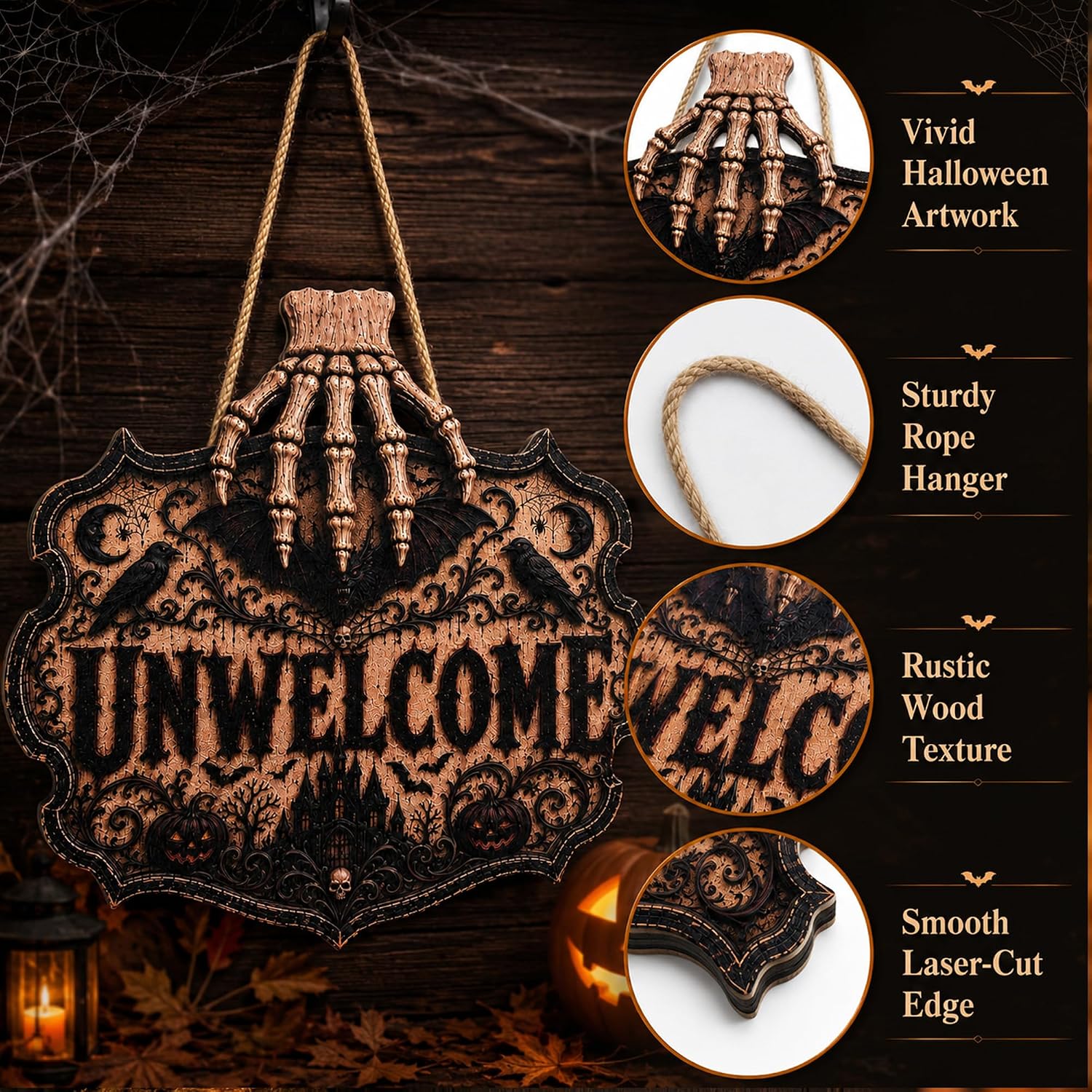 Detalle de OHOME Gothic Halloween Wooden Sign, 2D Printed Black Unwelcome Door Decor