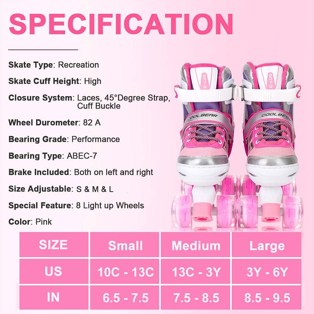 Detalle de Sowume Adjustable Roller Skates for Girls and Women (Light-Up 8-Wheel, ABEC-7) — Adjustable Kids’ Roller Skates