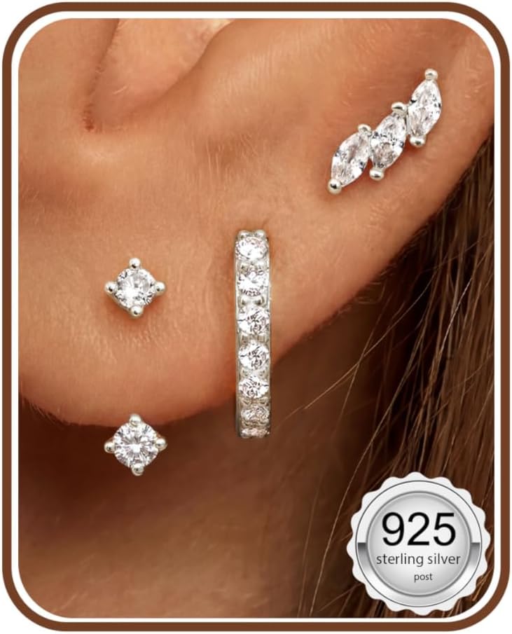 Detalle de JeweBella 3er-Set Ohrringe aus 925 Sterling-Silber (14 Karat vergoldet) – kleine Ohrstecker, Creolen & Zirkonia