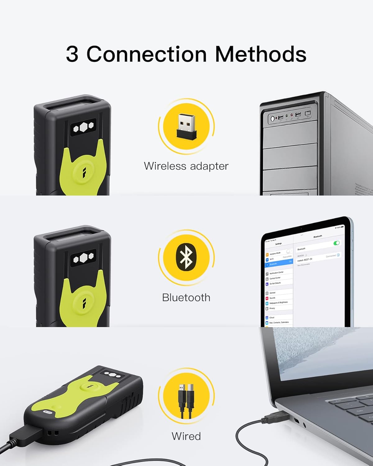Detalle 2 de Inateck BCST-42: Bluetooth 2D-Datenscanner mit 2,4 GHz USB-Adapter – zuverlässig von Bildschirmen lesen