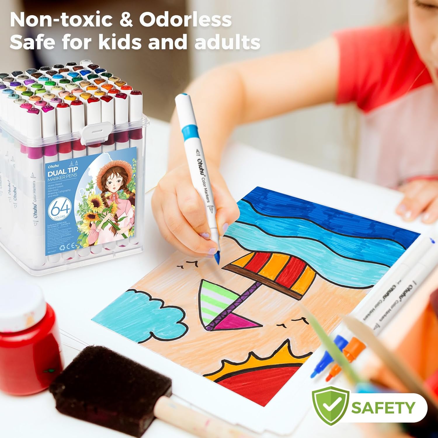 Thumbnail 5 de Ohuhu Water-Based Markers, 64 Colours Dual Tip (Brush & Fine) for Drawing, Manga, Calligraphy and Colouring