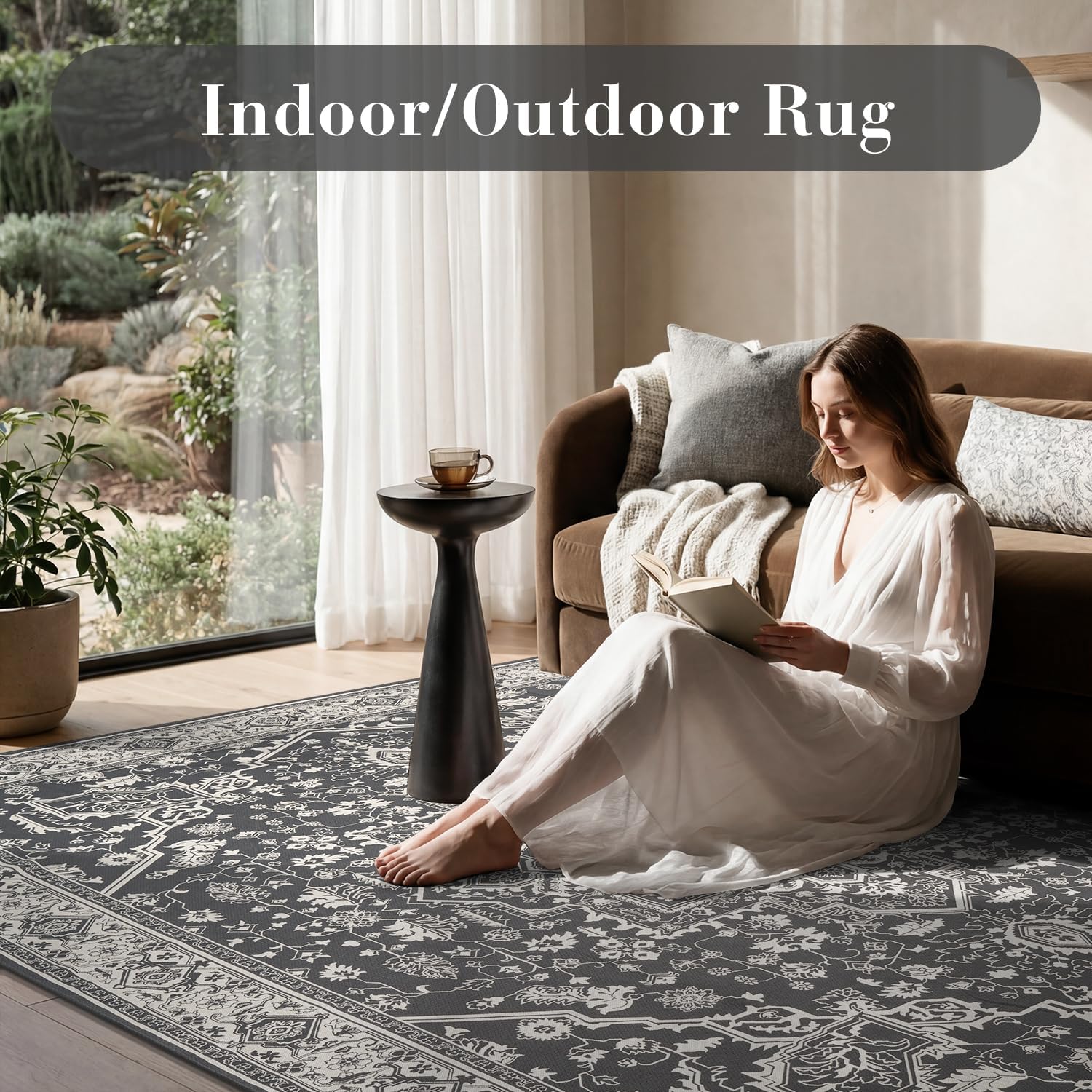Detalle de Engiw 5 x 8 ft Outdoor Rug, Machine-Washable Flatweave, Blackish Grey