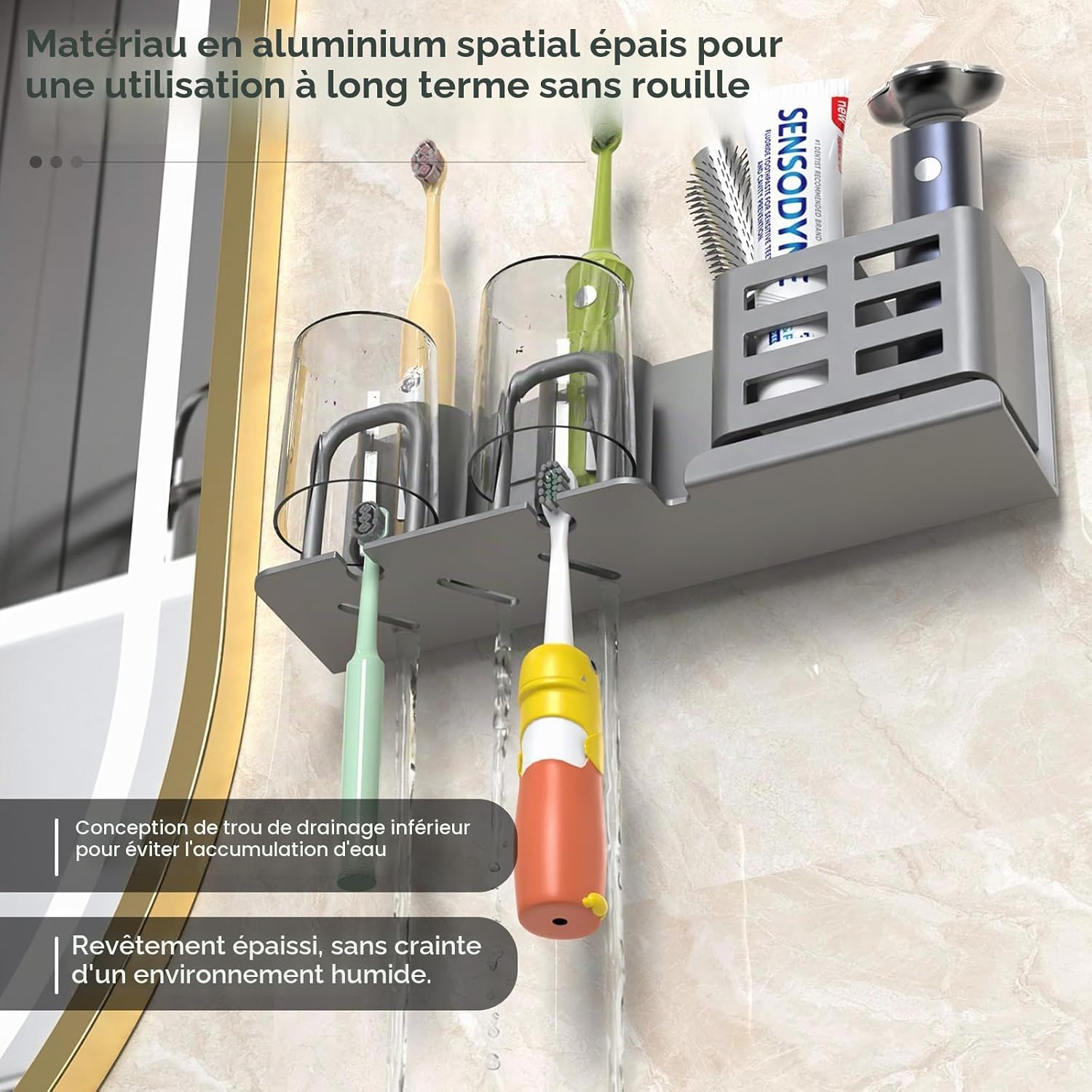 Detalle de KEXIBO Support mural pour brosse à dents électrique sans perçage — aluminium gris, porte-gobelets inversés et rangement rasoir