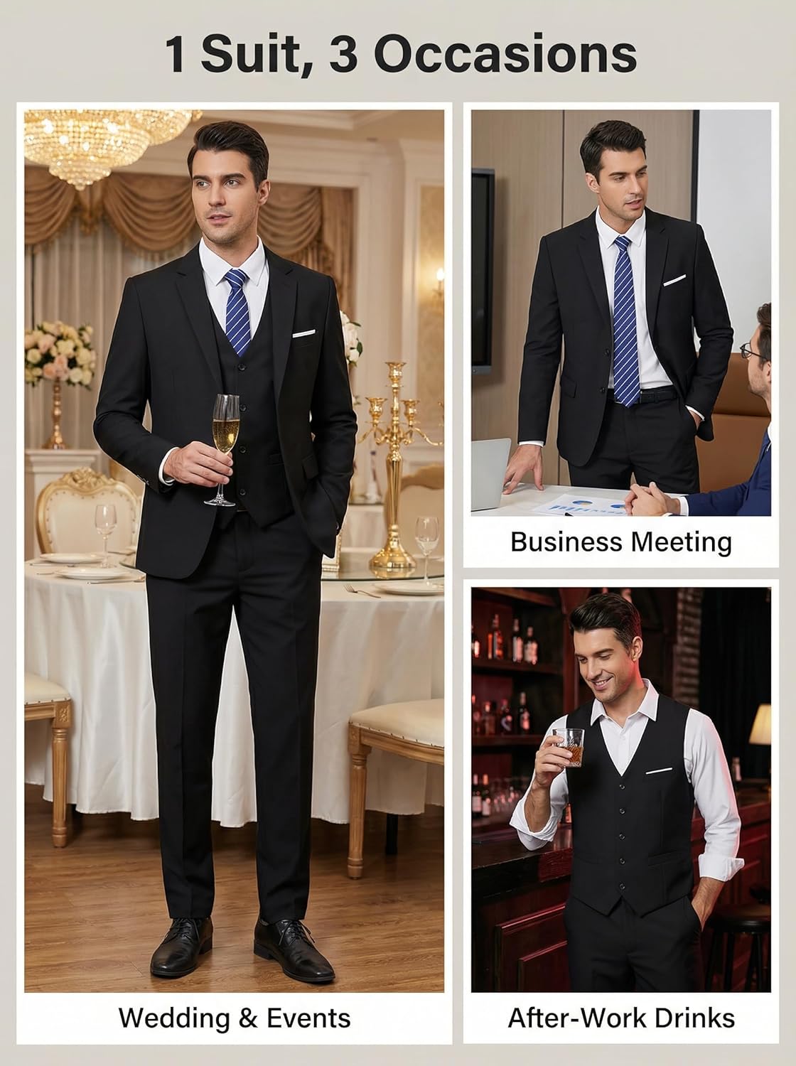 Thumbnail 1 de Furuyal Men’s 3-Piece Slim Fit Suit Set (Two-Button Blazer, Vest, Pants)