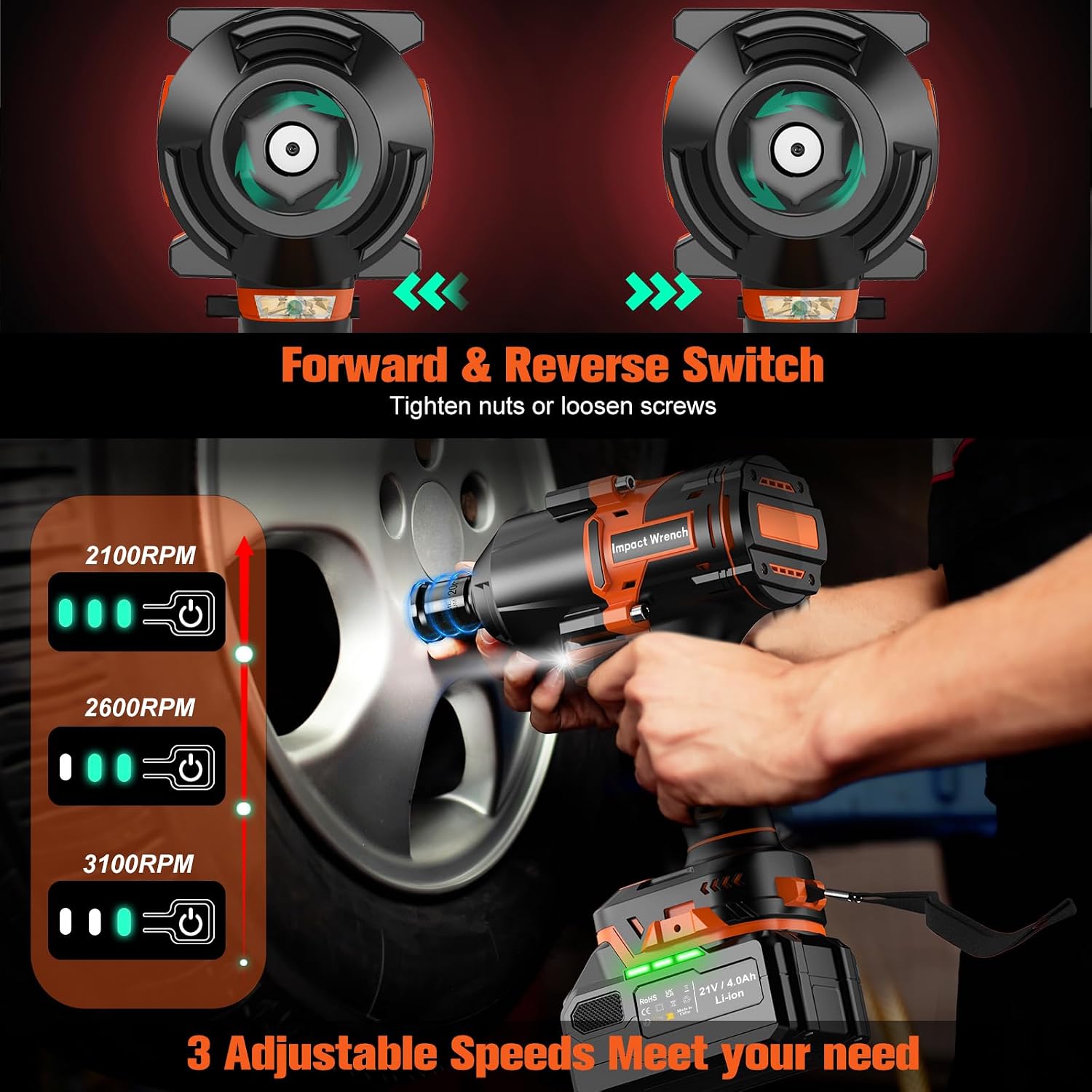 Detalle de AKZWOXRO Cordless Impact Wrench 1/2" Brushless Power Impact Gun (21V) with Battery, Fast Charger & 5 Sockets