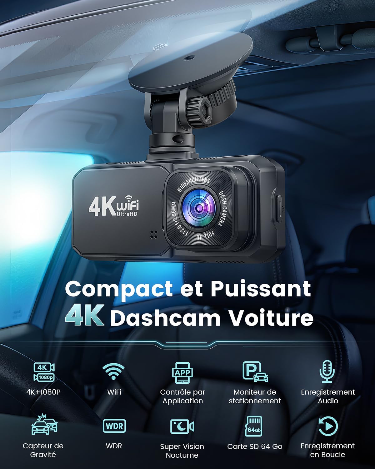 Detalle de Rmana Dashcam voiture avant/arrière 4K+1080P double caméra avec WiFi et écran IPS 3,18