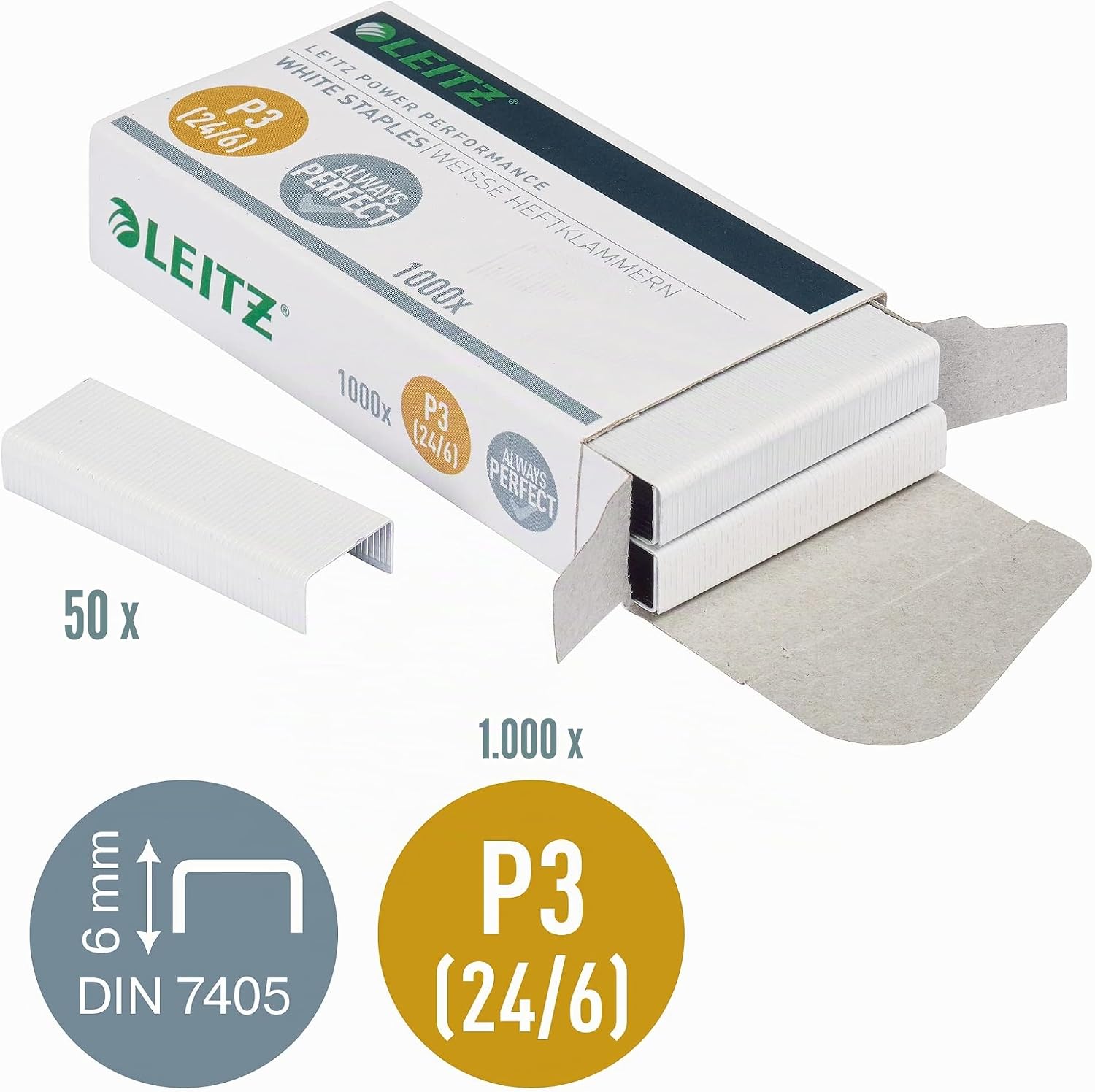 Detalle 2 de Leitz Power Performance Heftklammern P3 (24/6), 10x 1000 Stück, verzinkt, weiß – Modell 55540000