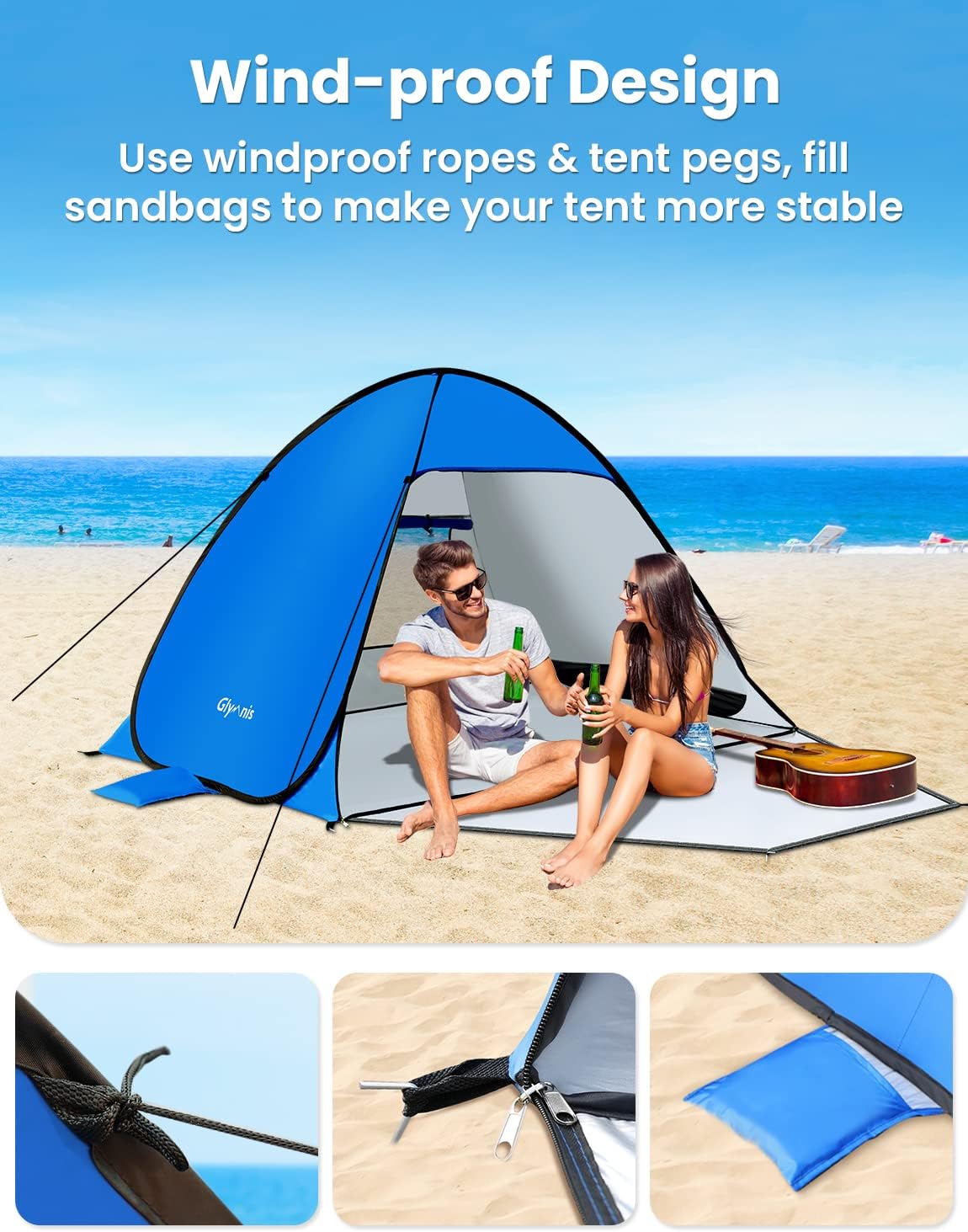Thumbnail 5 de Glymnis Pop Up Beach Tent Small (1–2 Person) / Large (3–4 Person) with UPF 50+ UV Protection & Zipper Porch