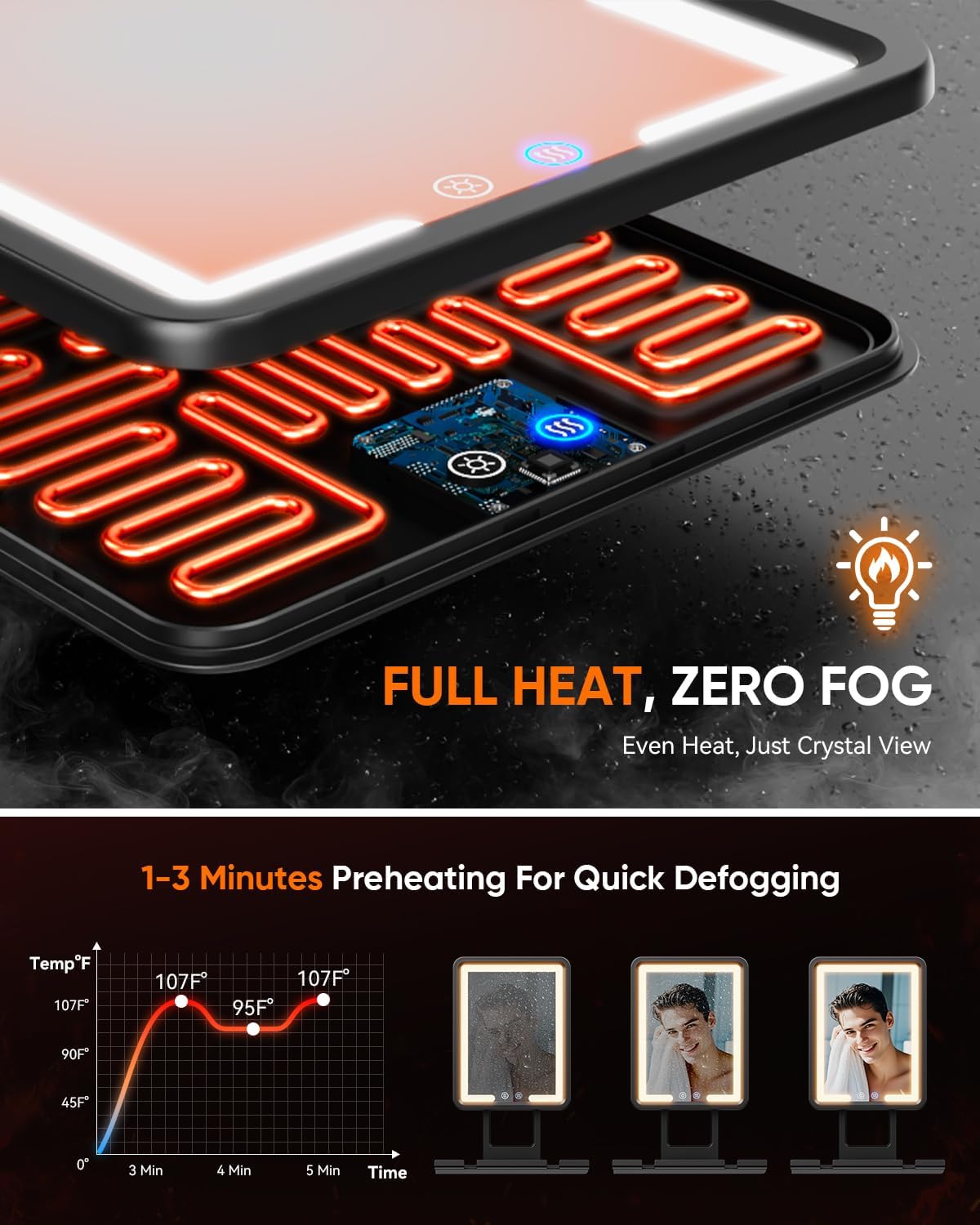 Thumbnail 3 de eeuuty Heated Shower Mirror Fogless for Shaving (Gen 3) with Razor Holder - 3 Colors, Stepless Dimming, Anti-Fog (Black)