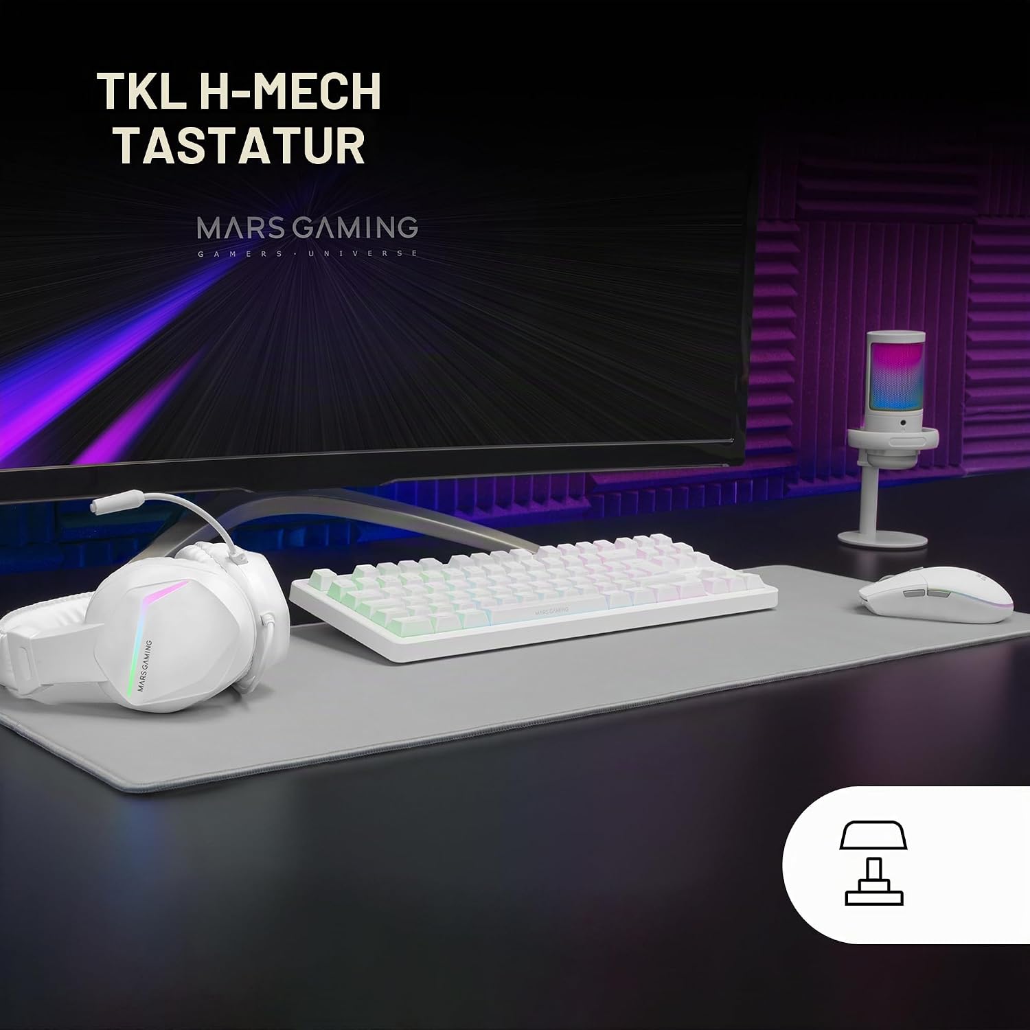 Thumbnail 1 de Mars Gaming MCP-RGB3 Pack RGB Tastatur Fixed, Maus Flow 3200 DPI, Over-Ear Kopfhörer, XXL Matte – Weiß