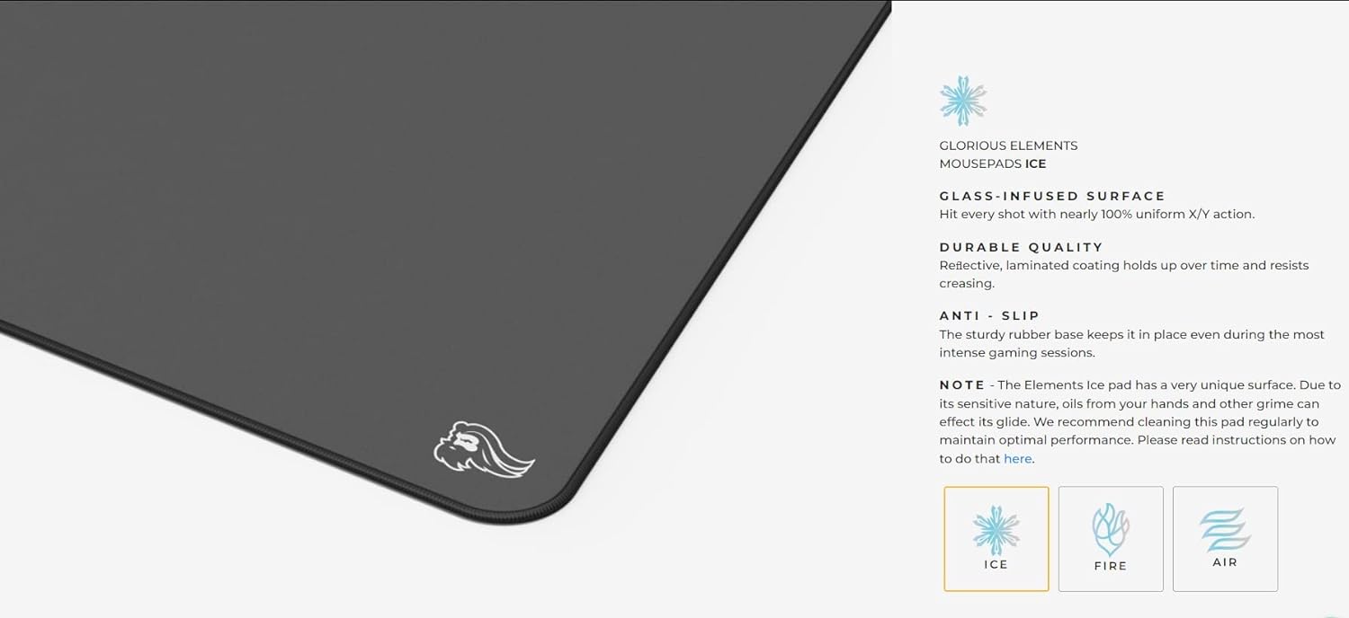 Detalle de Glorious Gaming Elements ICE gaming mousepad (glass-infused cloth surface) – 430 x 380 x 3mm, black