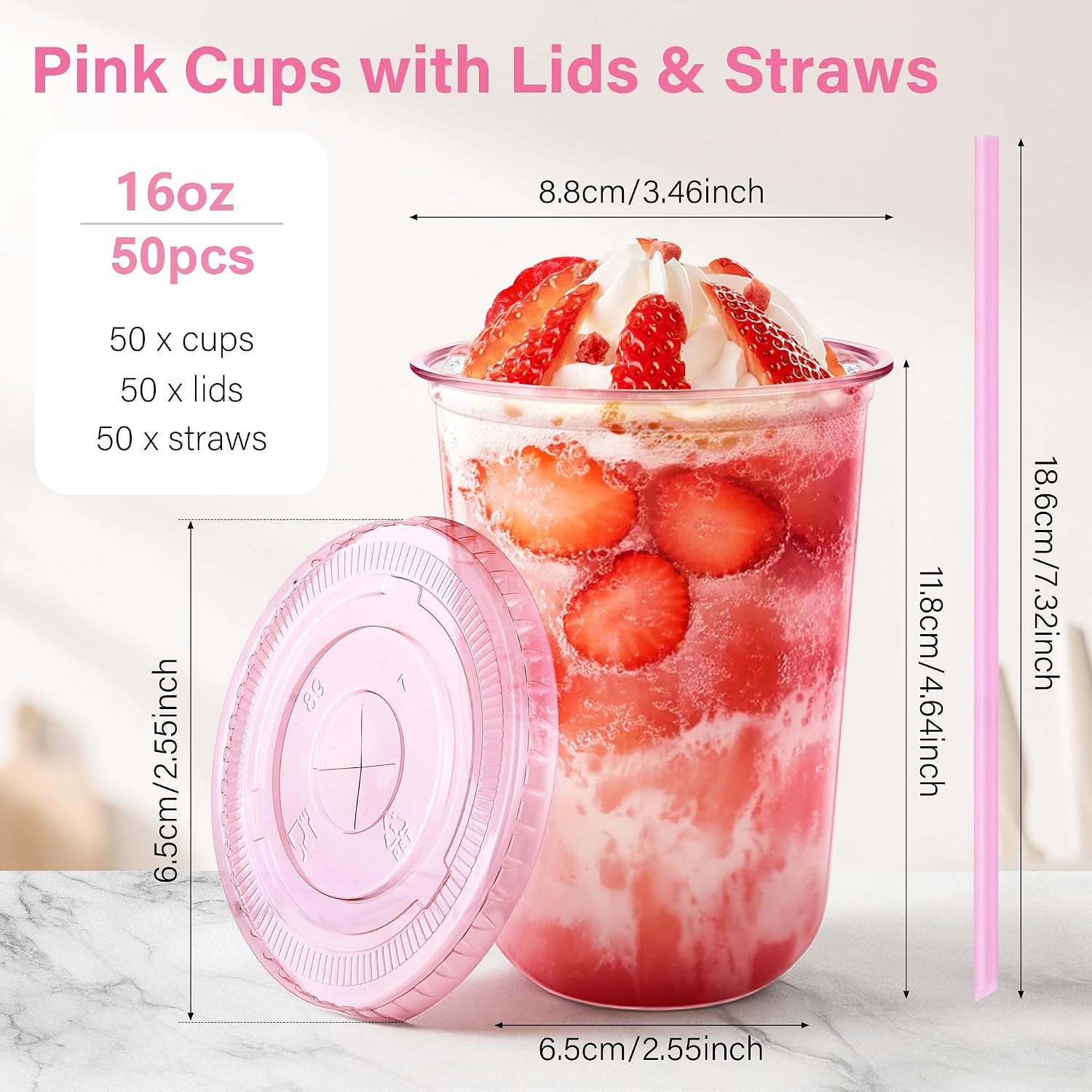 Detalle de KesaPlan 50 Pack 16 oz Pink Plastic Party Cups with Lids and Straws