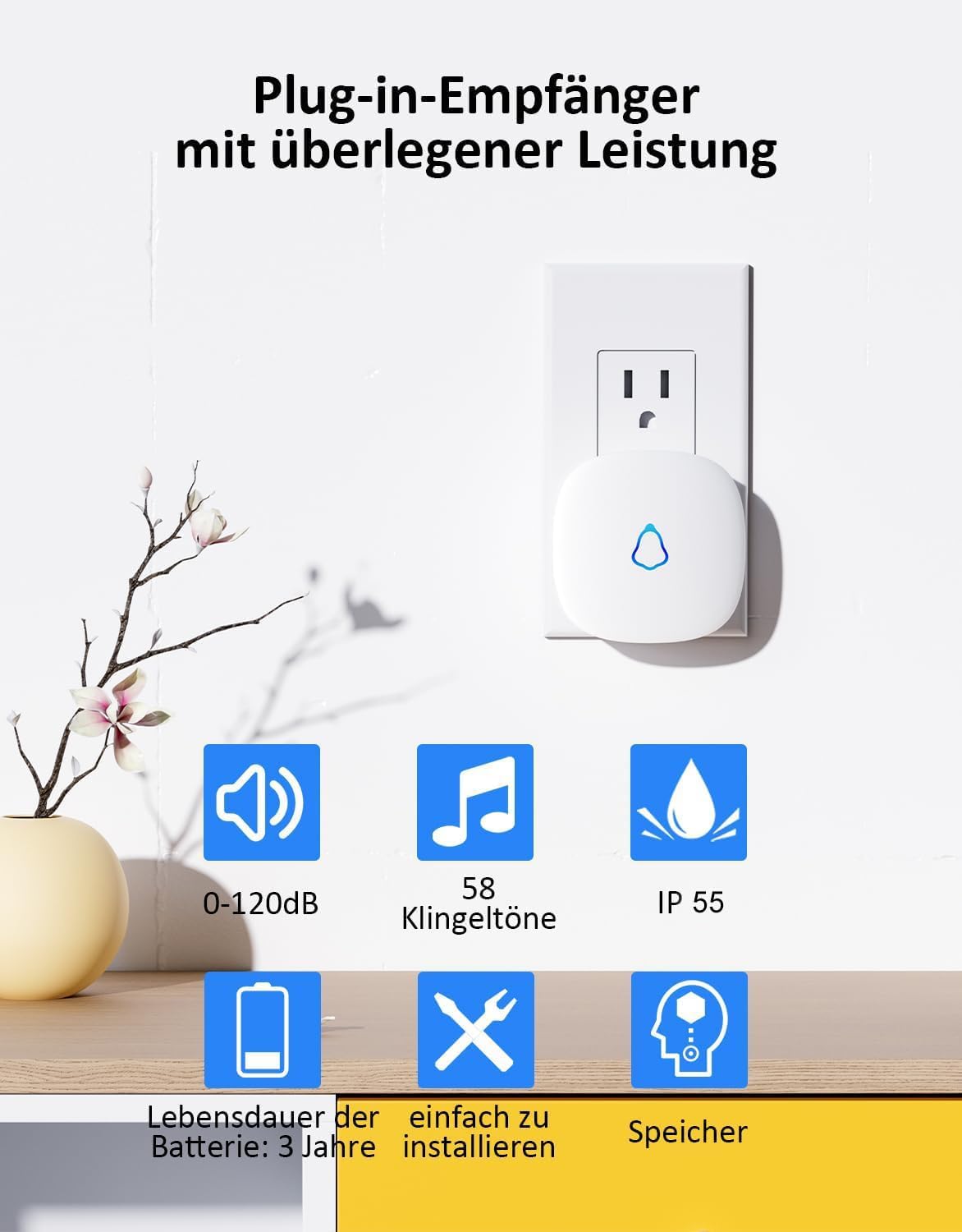Thumbnail 1 de SECRUI Funkklingel Türklingel Set – 1 Empfänger + 2 Sender, kabellos, 58 Melodien, 120 dB, IP55