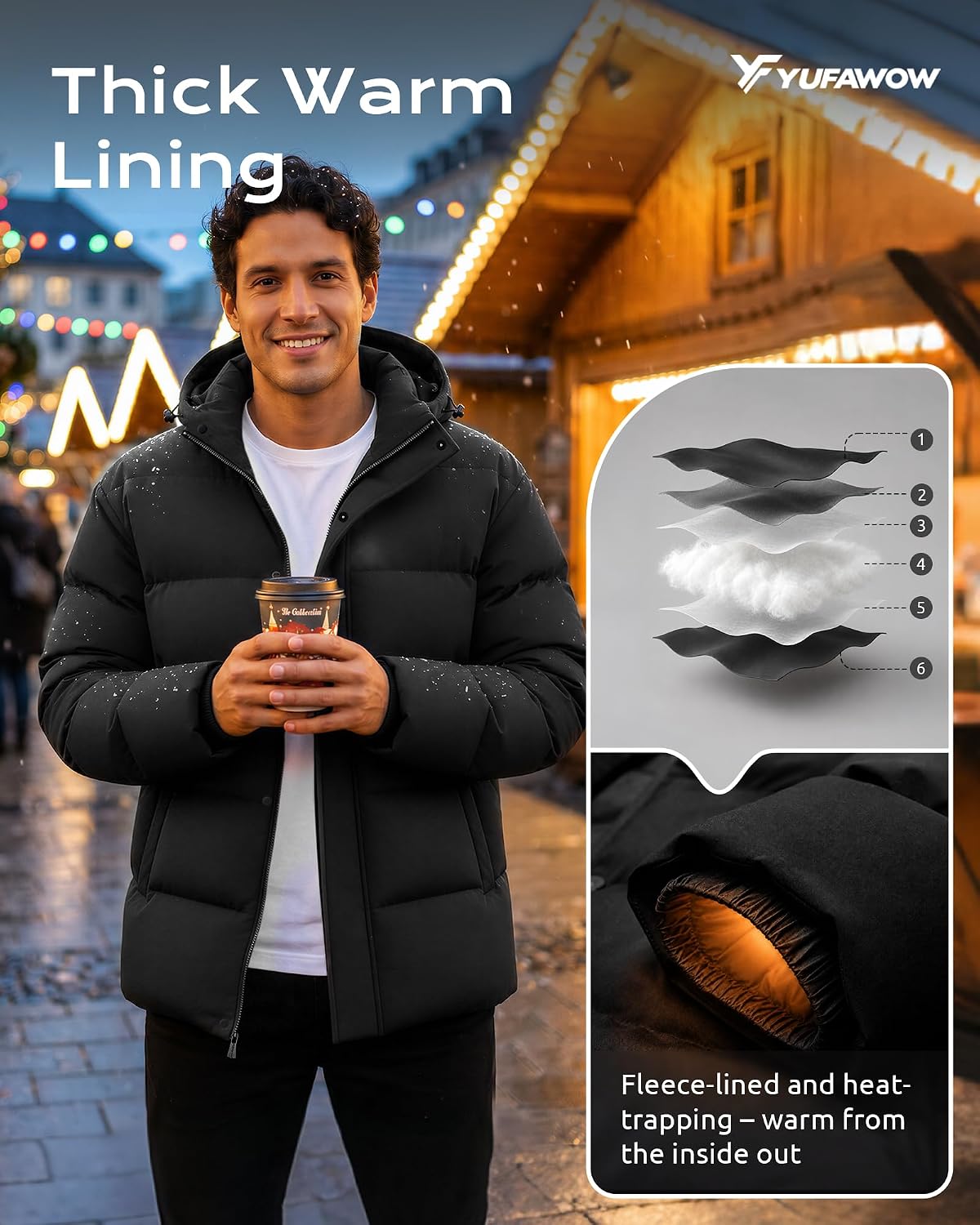 Thumbnail 4 de Yufawow Men's Puffer Jacket with Adjustable Hood, Wind-Resistant Shell