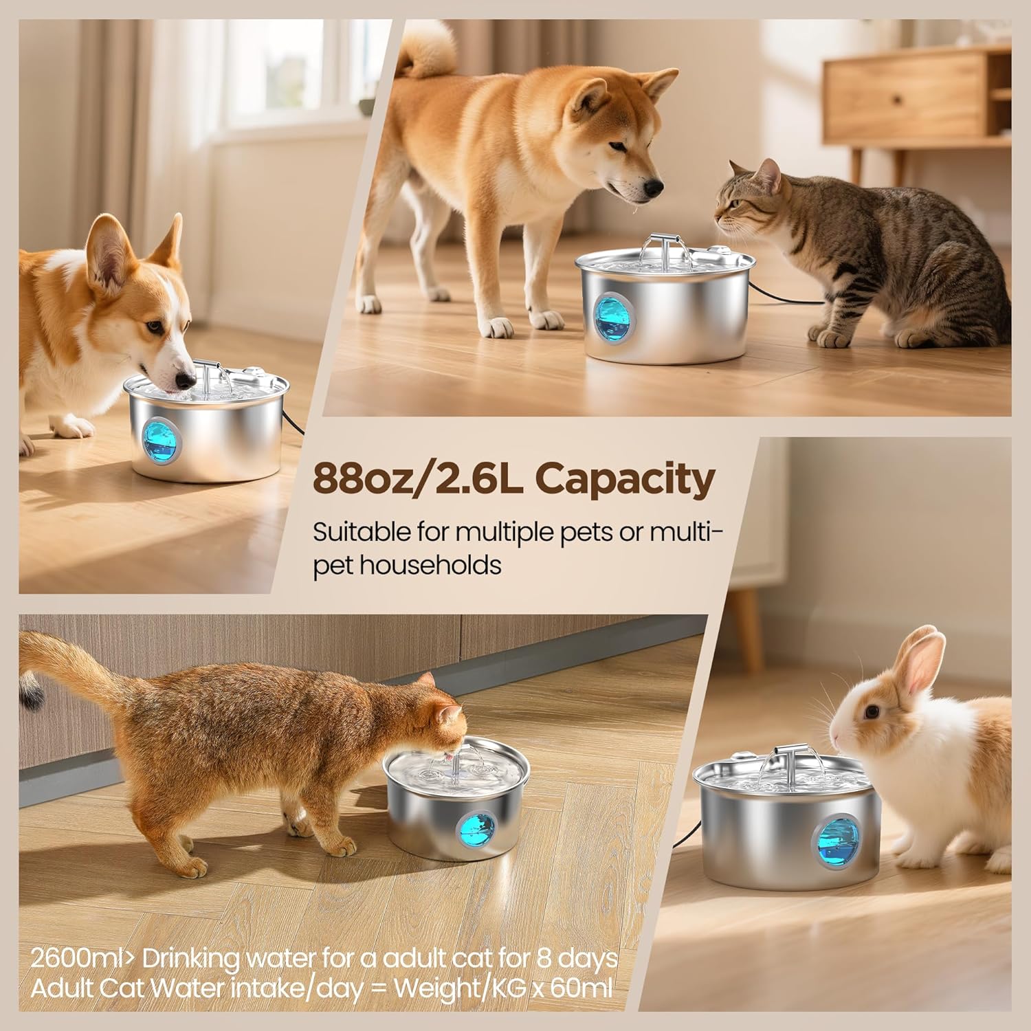 Detalle de UMOCUOY fuente de agua para gatos de acero inoxidable 304 con cuenco dispensador automático y doble caño (2,6 L)