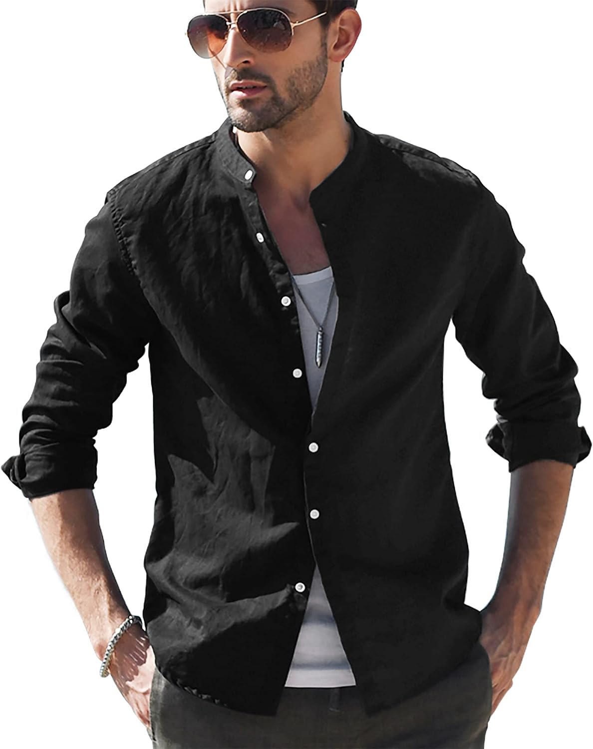 Thumbnail 6 de LVCBL Mens Casual Cotton Shirt Long Sleeve Band Collar Henley Shirt Tops