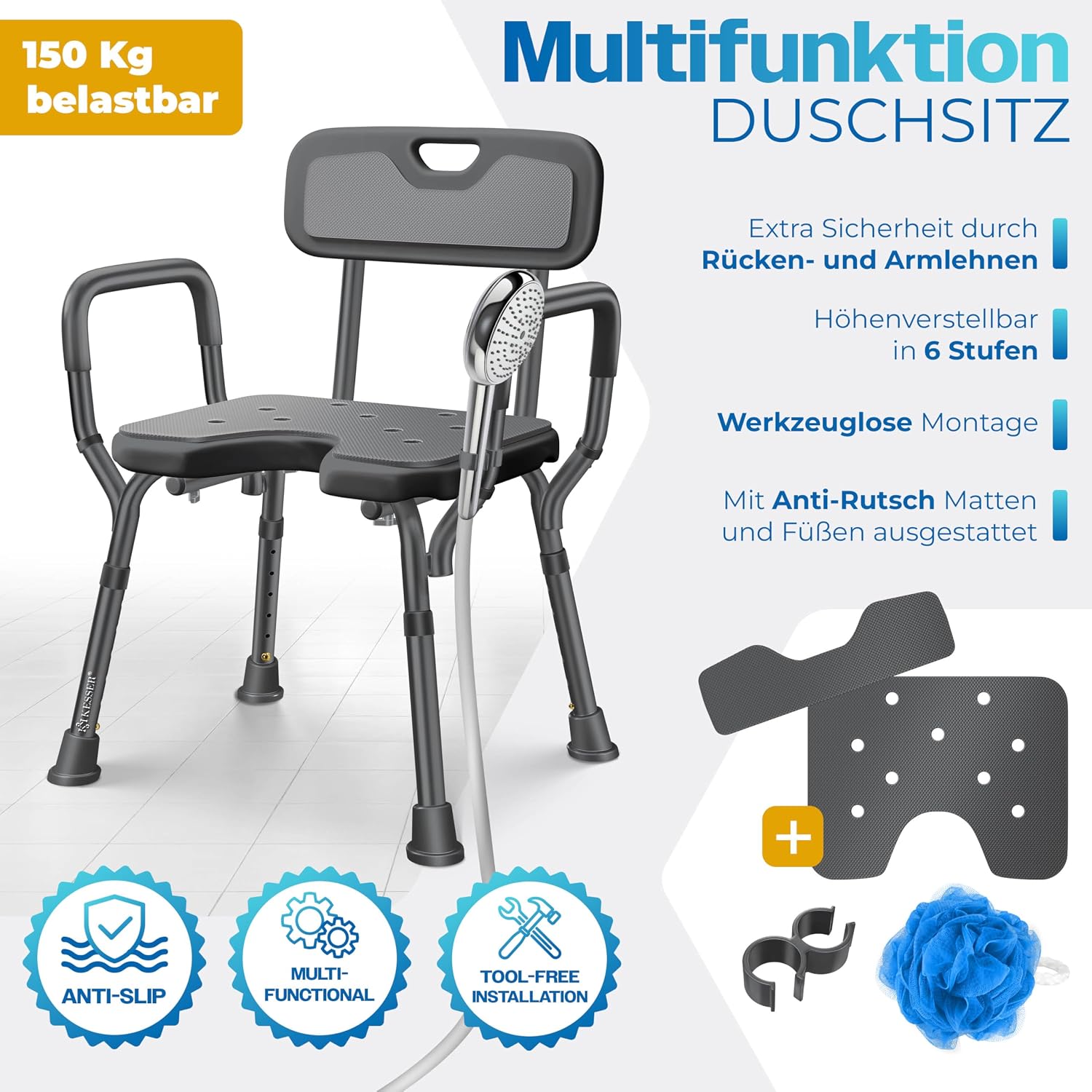 Detalle 2 de KESSER® Duschhocker mit Lehne – höhenverstellbarer Duschsitz für Senioren & Schwangere, 150 kg belastbar