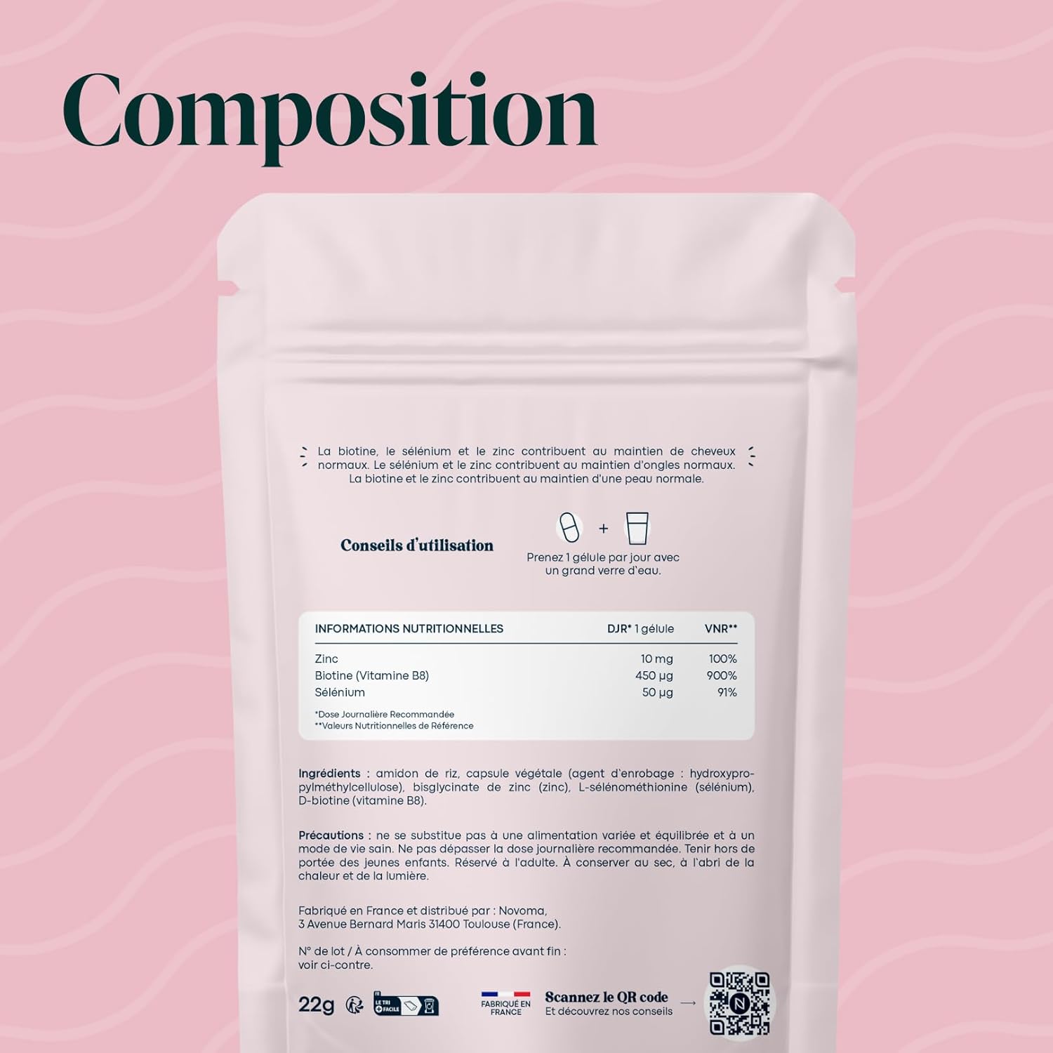 Thumbnail 6 de NOVOMA Essentials – Biotine avec Sélénium et Zinc (B8) pour accélérer la pousse des cheveux, cure de 2 mois, 60 gélules végétales