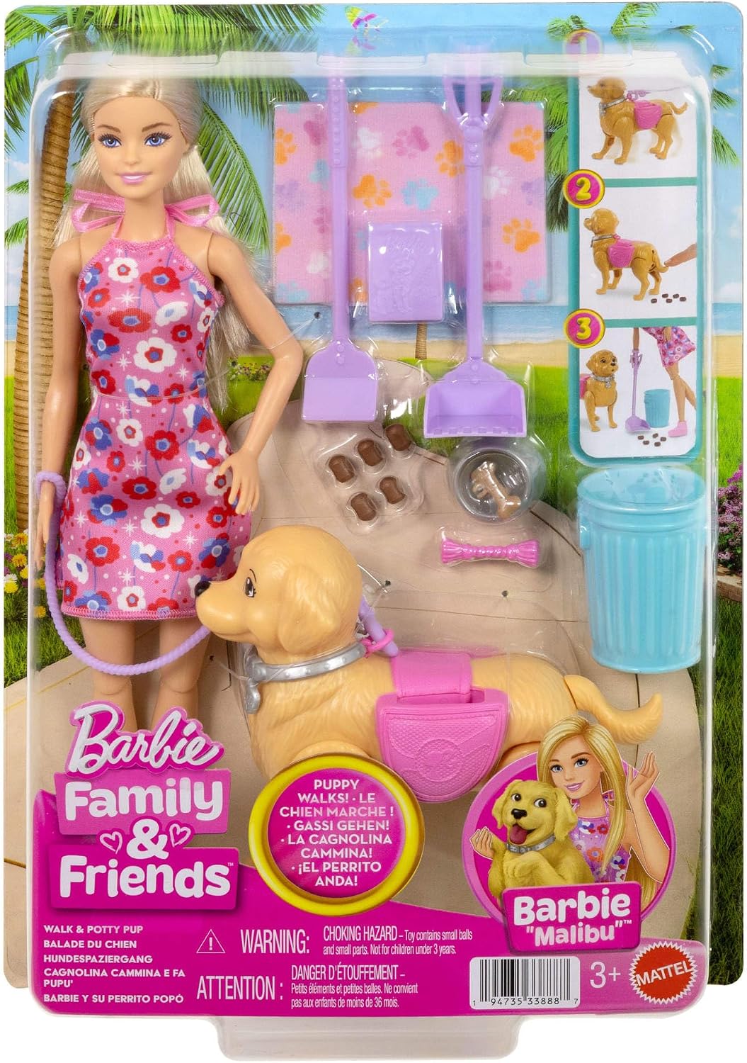 Detalle de Barbie Set Cagnolina Cammina e fa i bisogni con Malibu: passeggiata interattiva per bambine 3+