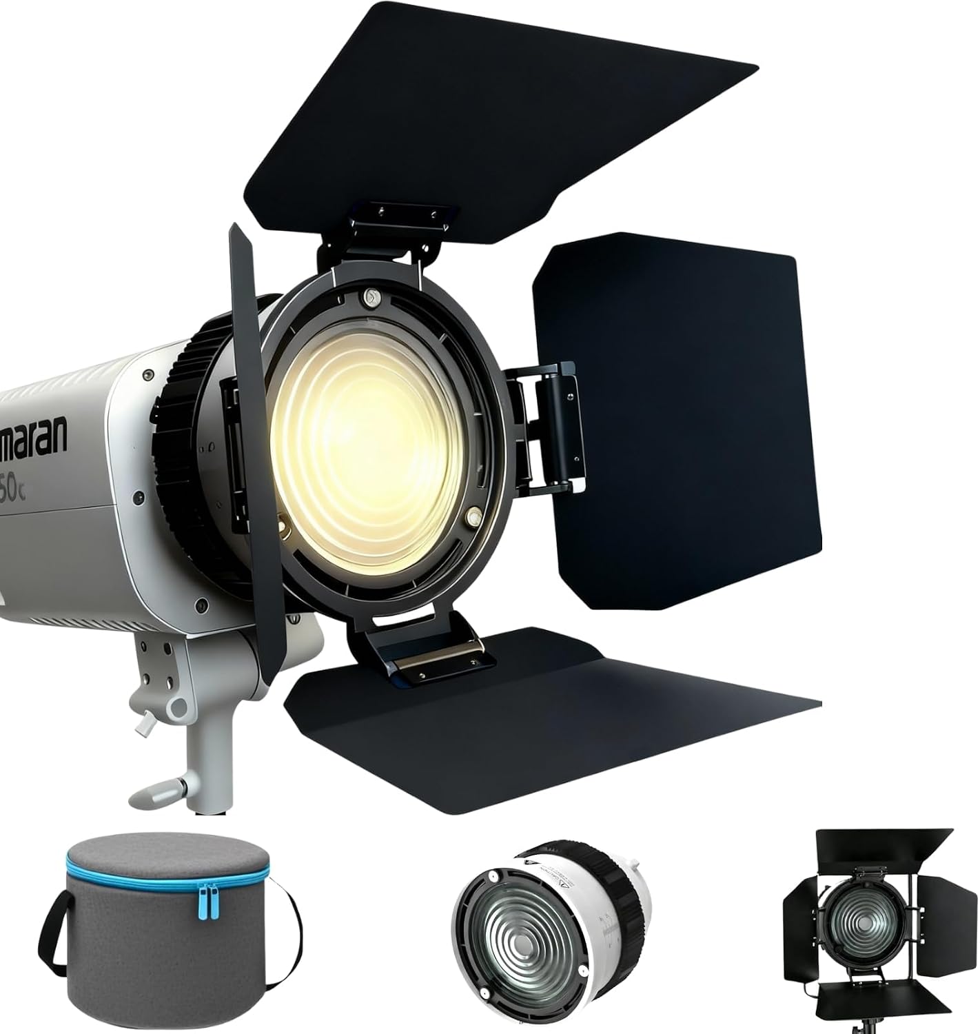 Detalle de DFCINE 10X Bowens Mount Fresnel Linse mit 4-flügeligen Barn Doors – 10–45° Fokus-Lichtformer für COB-Videoleuchten bis 200 W