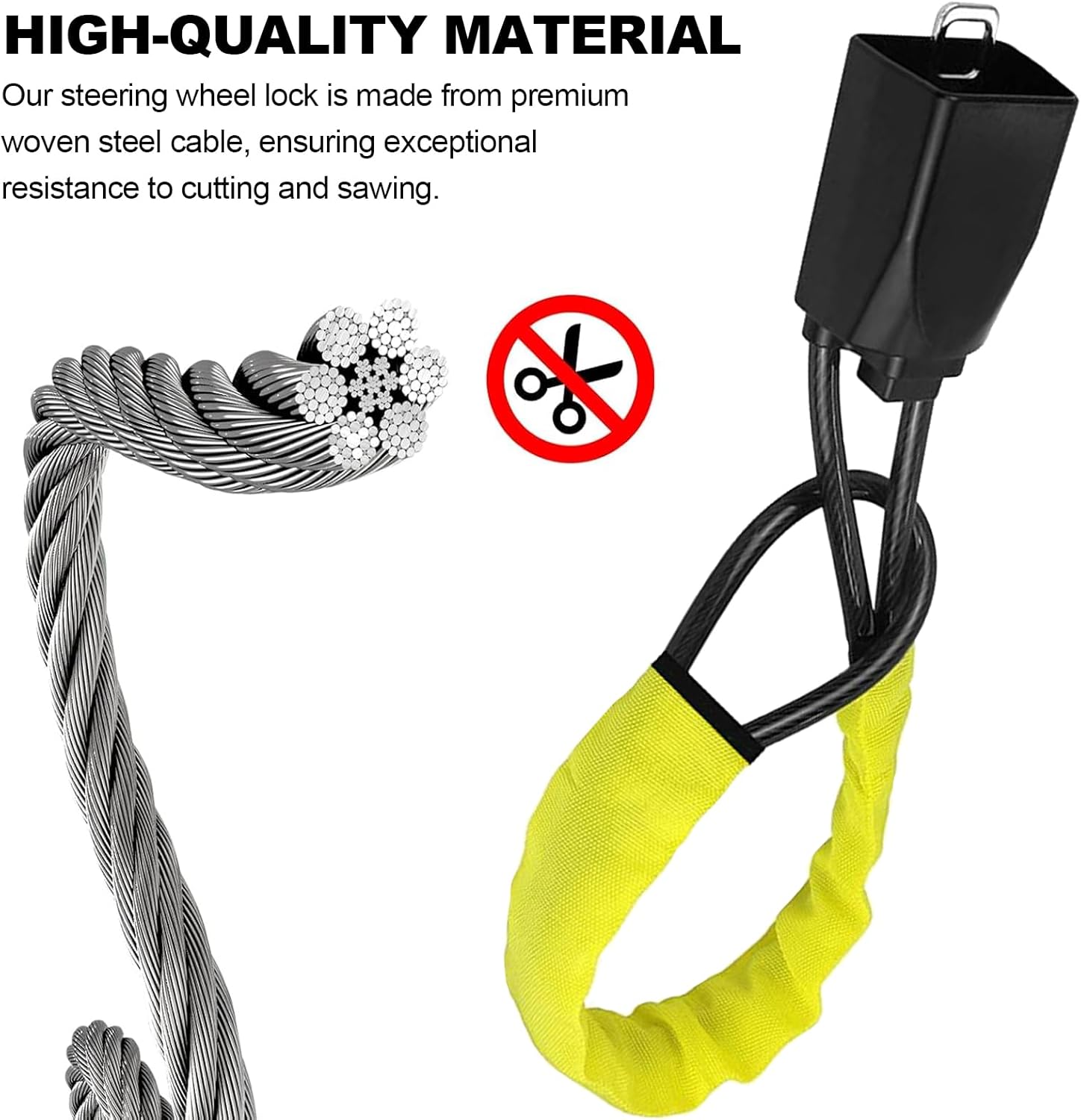 Detalle de Universal Car Steering Wheel Lock with High-Visibility Seat Belt Lock — 3 Keys, Upgraded Aluminium Head, 17" Cable, Yellow
