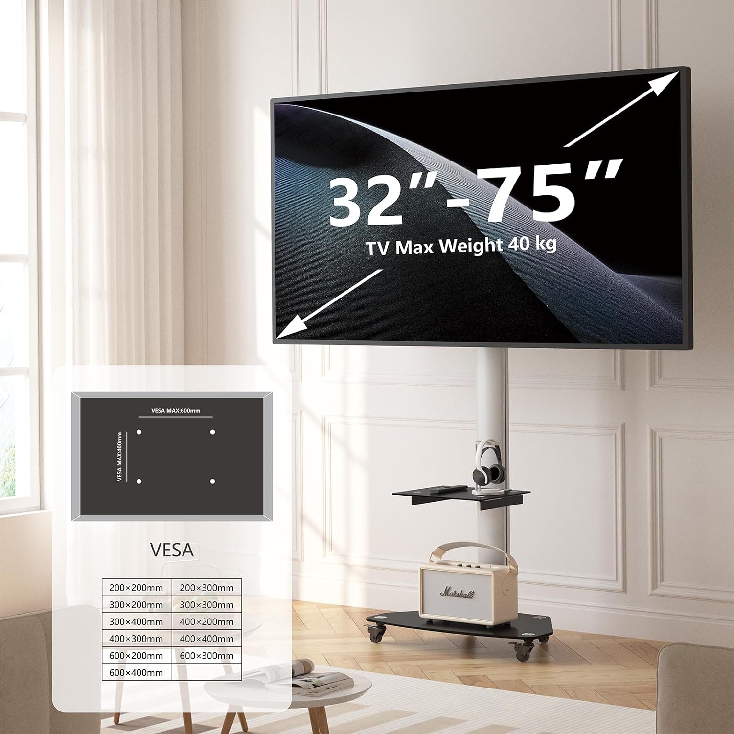 Detalle 2 de XTRARM Proton 300: Supporto TV mobile con ripiano e prese, per schermi 32–75 pollici (fino a 40 kg) in alluminio nero