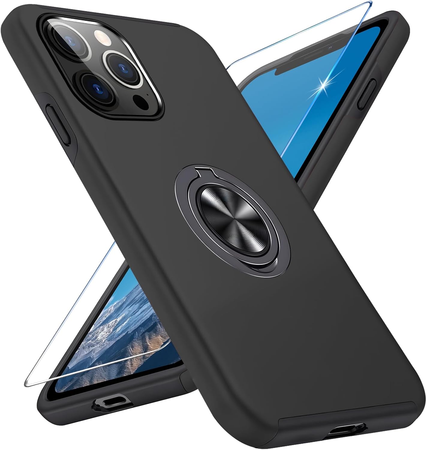 Detalle de Vaki Handyhülle für iPhone 13 Pro mit 360° Magnet-Ringständer und Schutzfolie (Schwarz)
