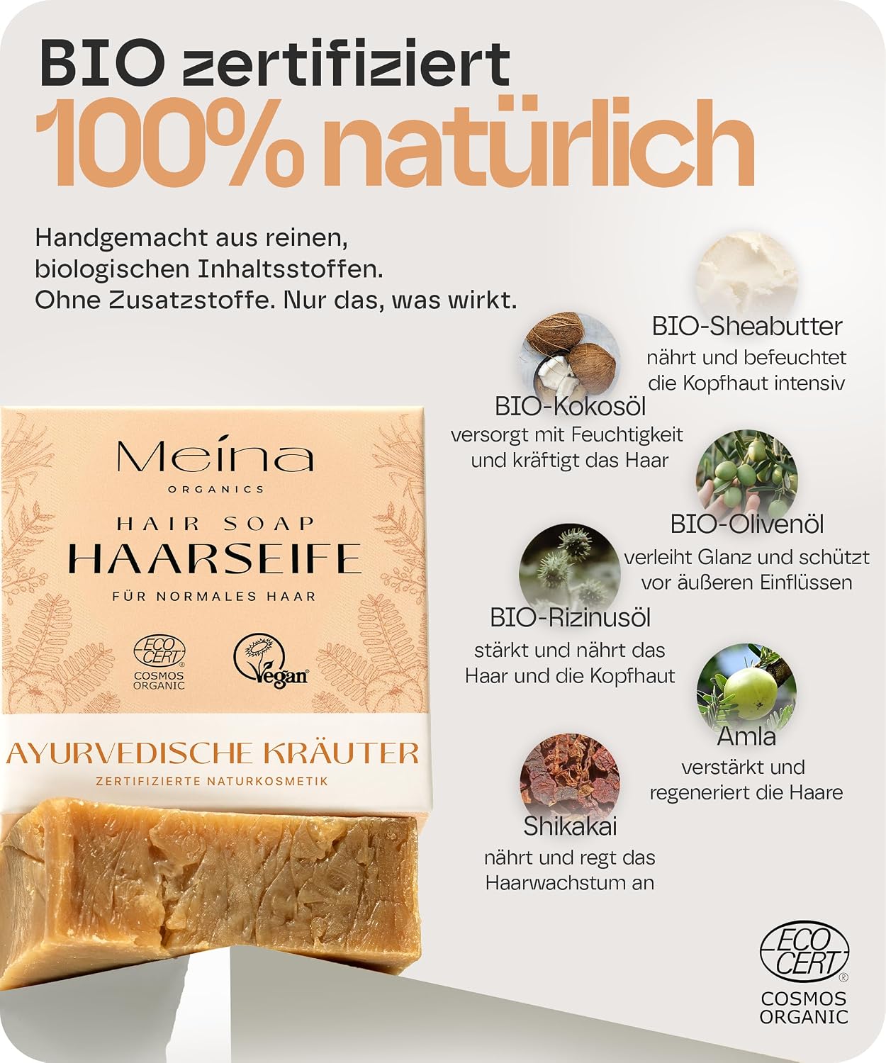 Detalle 2 de Meina Ayurveda Bio Haarseife gegen Haarausfall – Naturkosmetik, vegan & plastikfrei (80 g)