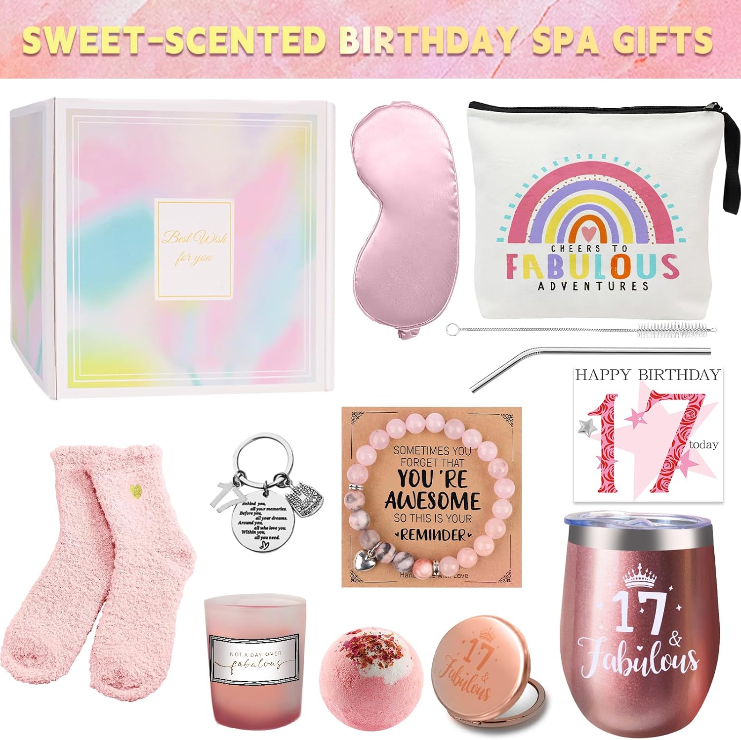 Thumbnail 1 de WULAIHO 17th Birthday Gift Set for Her — Rose-Gold Tumbler, Bracelet, Mirror & Pamper Basket