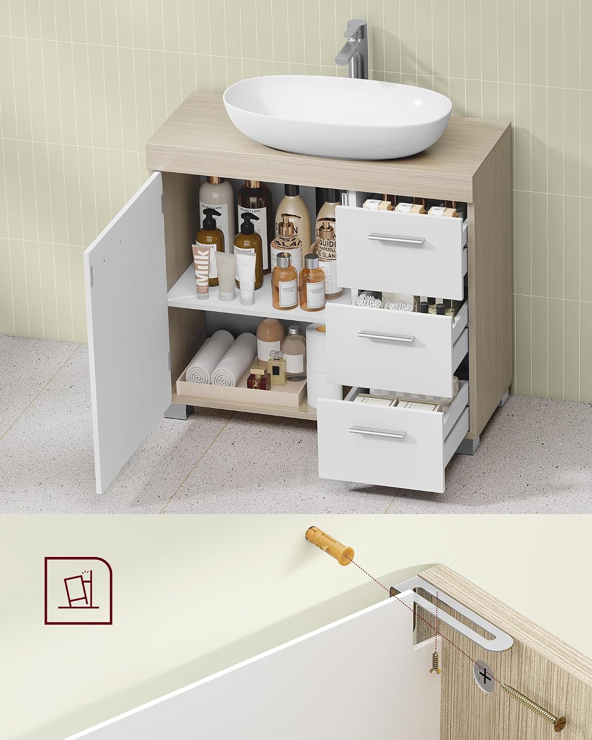 Detalle 2 de VASAGLE CUSTOS BBK503K01 Under-Sink Cabinet, 3 Drawers and Adjustable Shelf