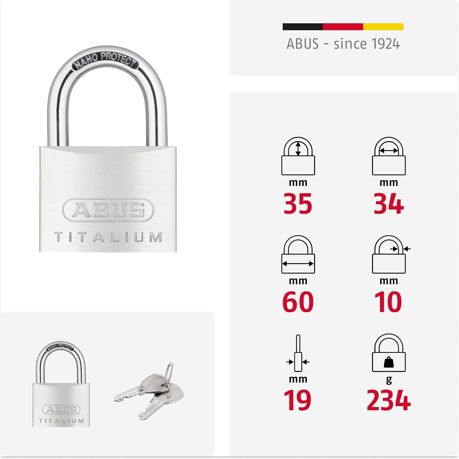 Detalle de ABUS Titalium 64TI/60 – Cadenas de cave en aluminium spécial avec corps en aluminium et anse en acier trempé, niveau de sécurité ABUS 6