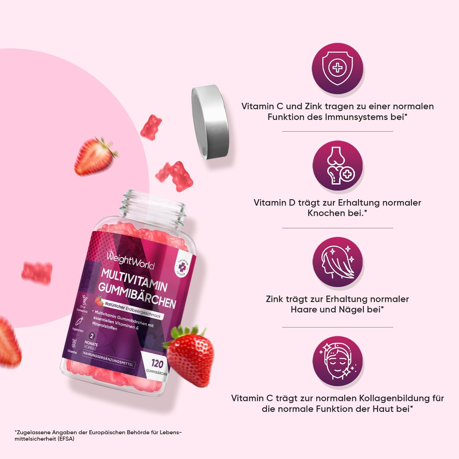 Thumbnail 5 de WeightWorld Multivitamin Gummibärchen – 120 Gummies mit 13 Zutaten (u. a. Zink, Vitamin C, D3, A, E) im Erdbeergeschmack