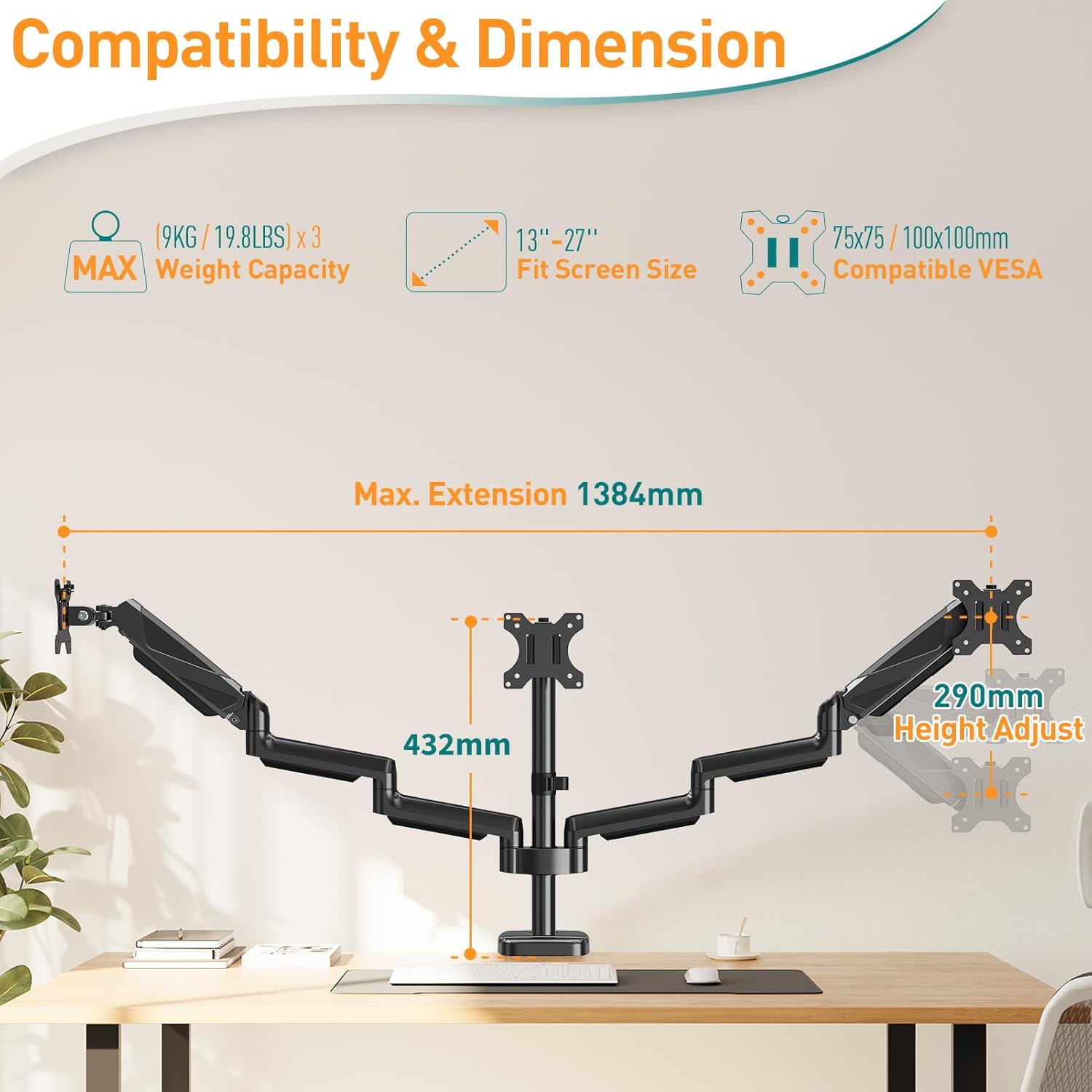 Thumbnail 1 de ELIVED Triple Monitor Arms – Adjustable Gas Powered Desk Mount for 3 Monitors (VESA 75x75/100x100, 13–27 inch)