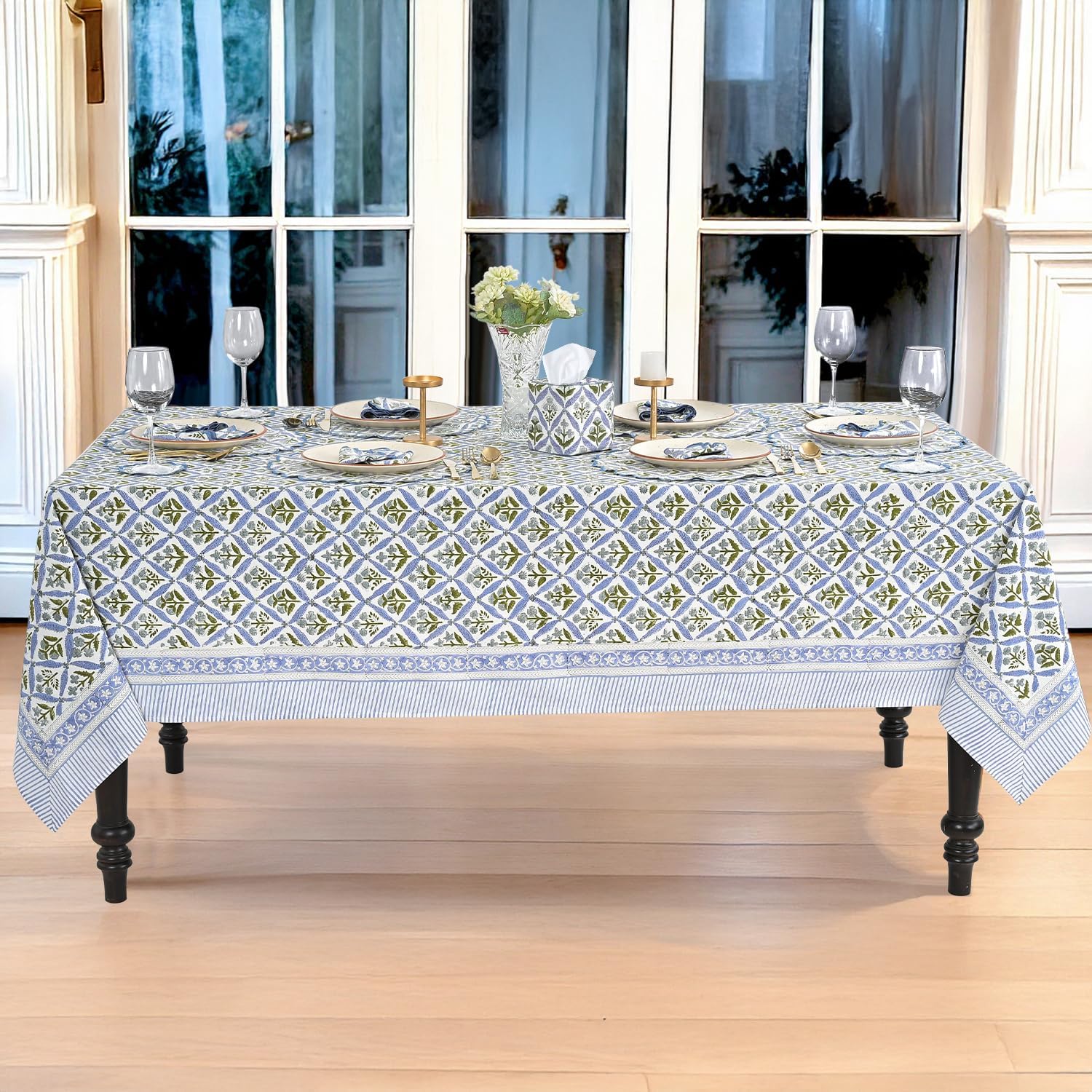 Thumbnail 6 de Ridhi Steel Blue 60x60 Inches Square 100% Cotton Hand Block Print Tablecloth