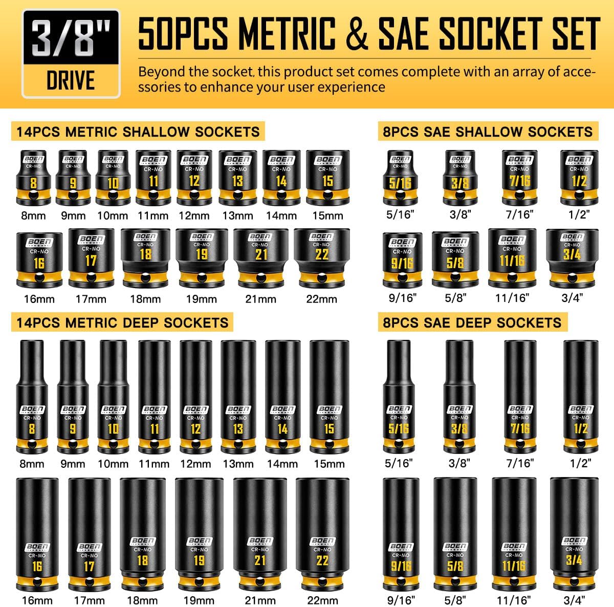 Detalle de boen BS-389050R 3/8-Inch Impact Socket Set, SAE and Metric, Deep & Shallow